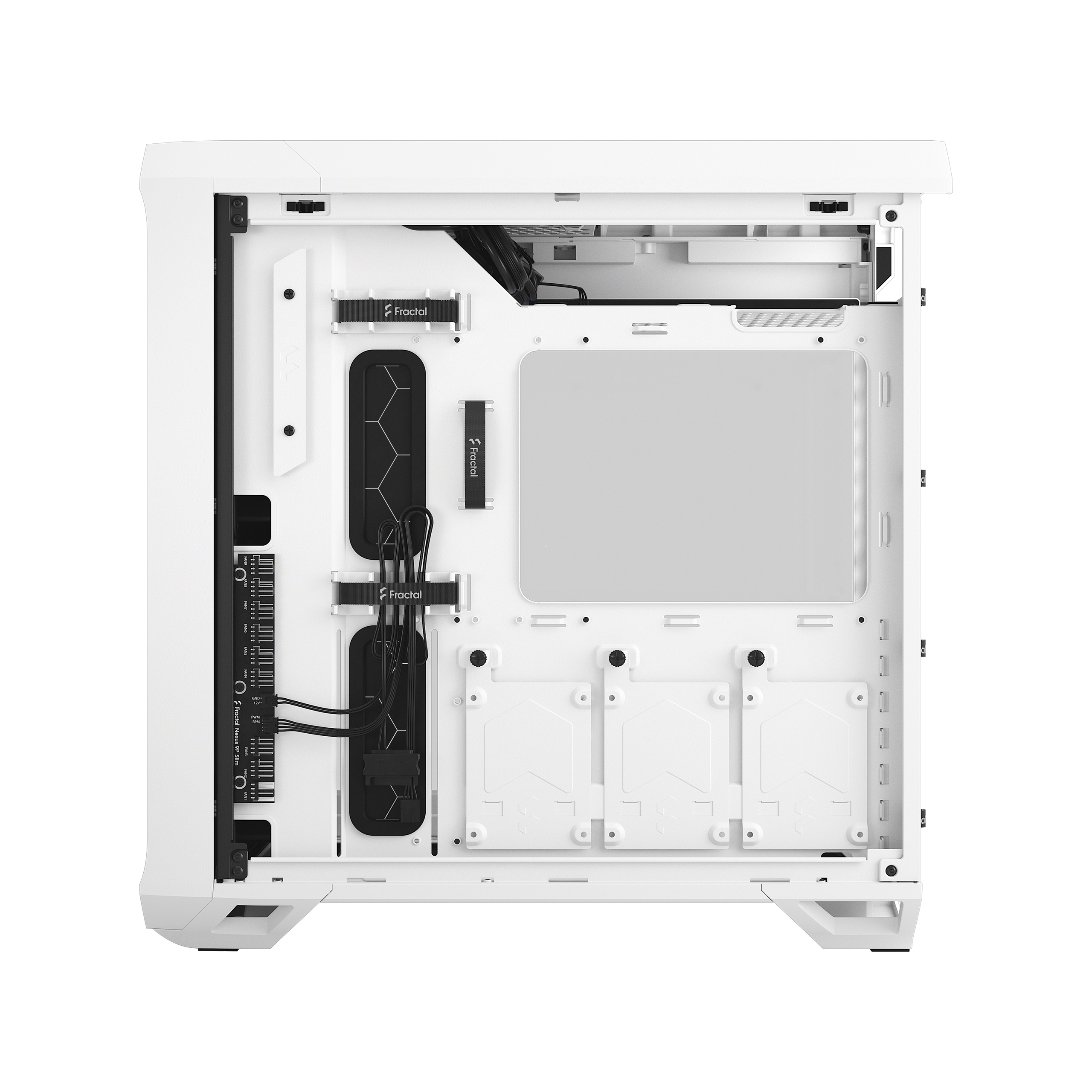 Interno di un case per PC bianco. Include gestione cavi nera e aree di montaggio componenti interni.