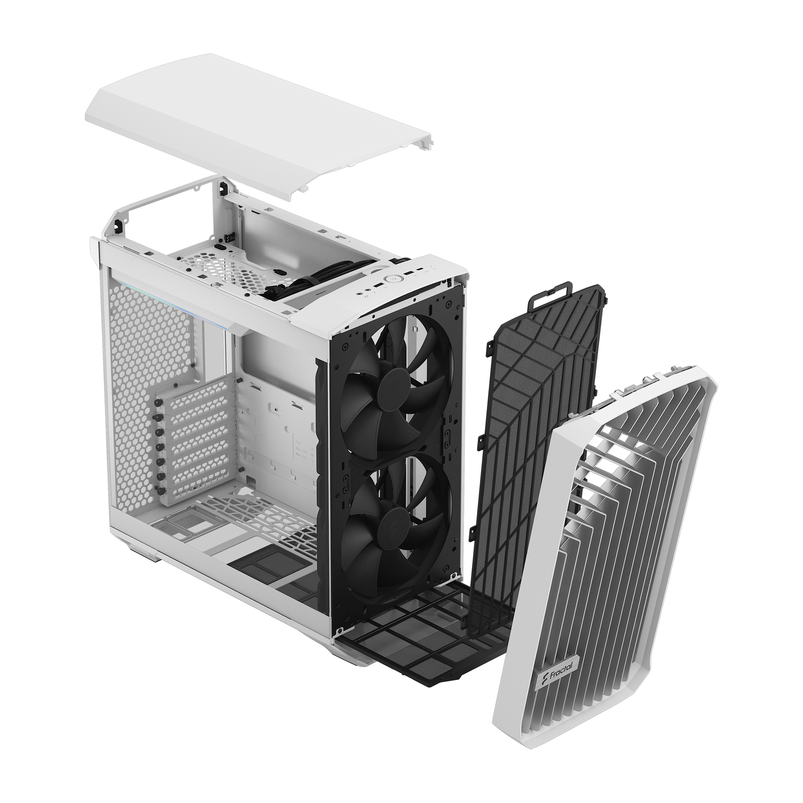 Case PC bianco, vista esplosa che mostra componenti come ventole e pannelli.