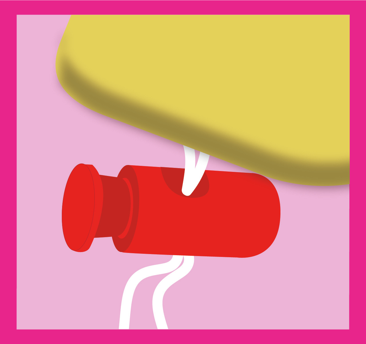 Czerwona i żółta zabawka z białymi sznurkami na różowym tle.