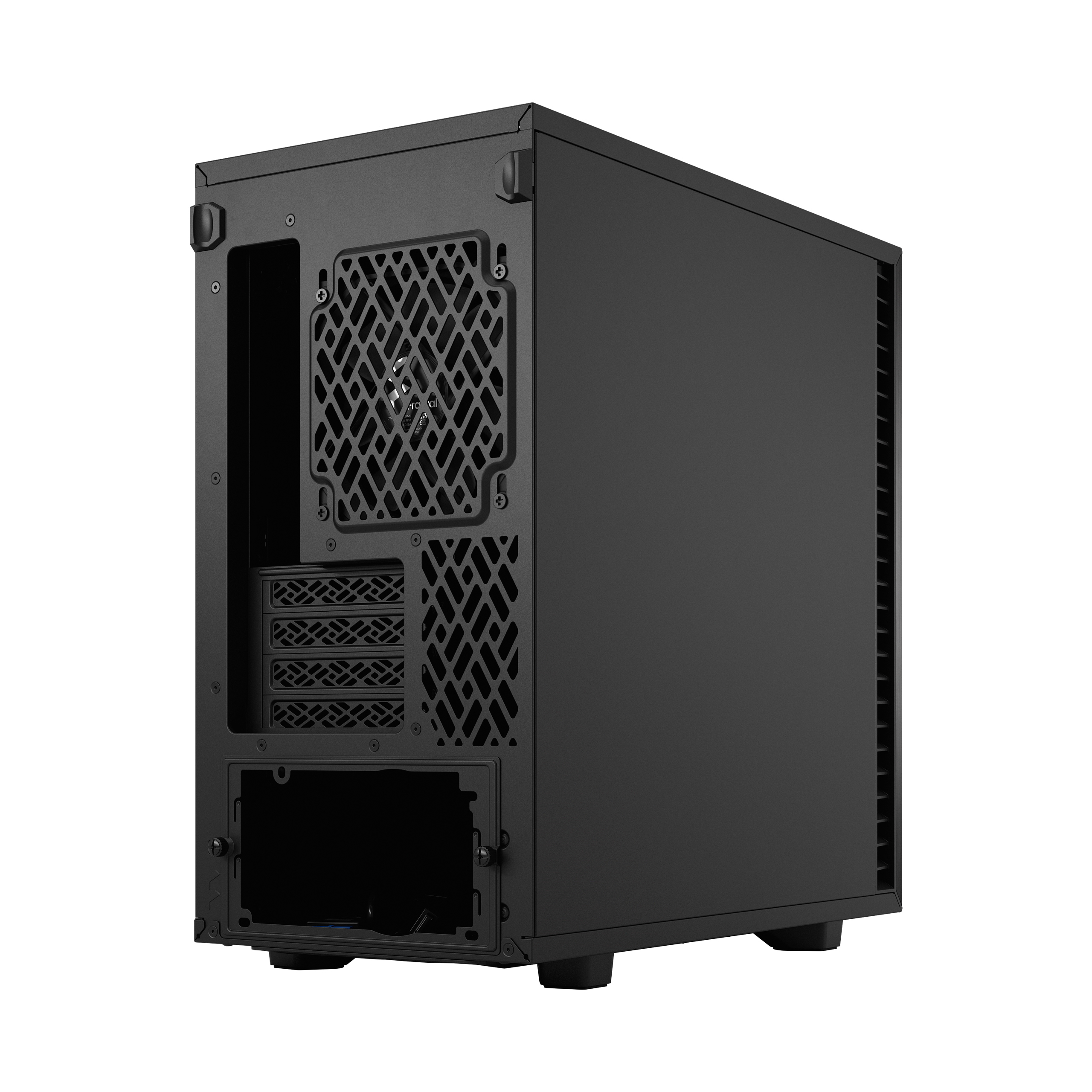 Zwarte computerkast achterkant met ventilatie en poorten.
