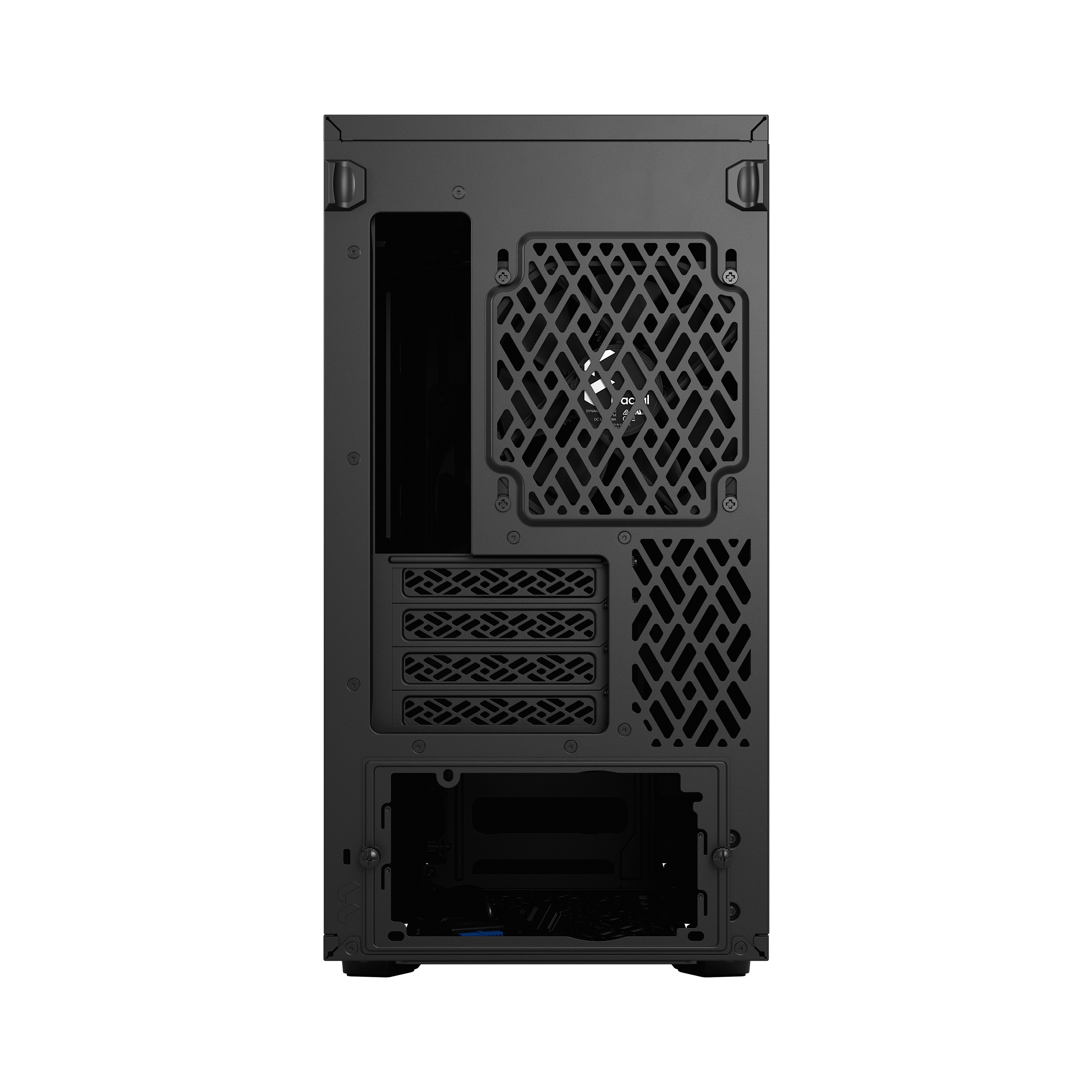 Zwart achterpaneel van de computerkast, met ventilatorbevestiging en openingen.