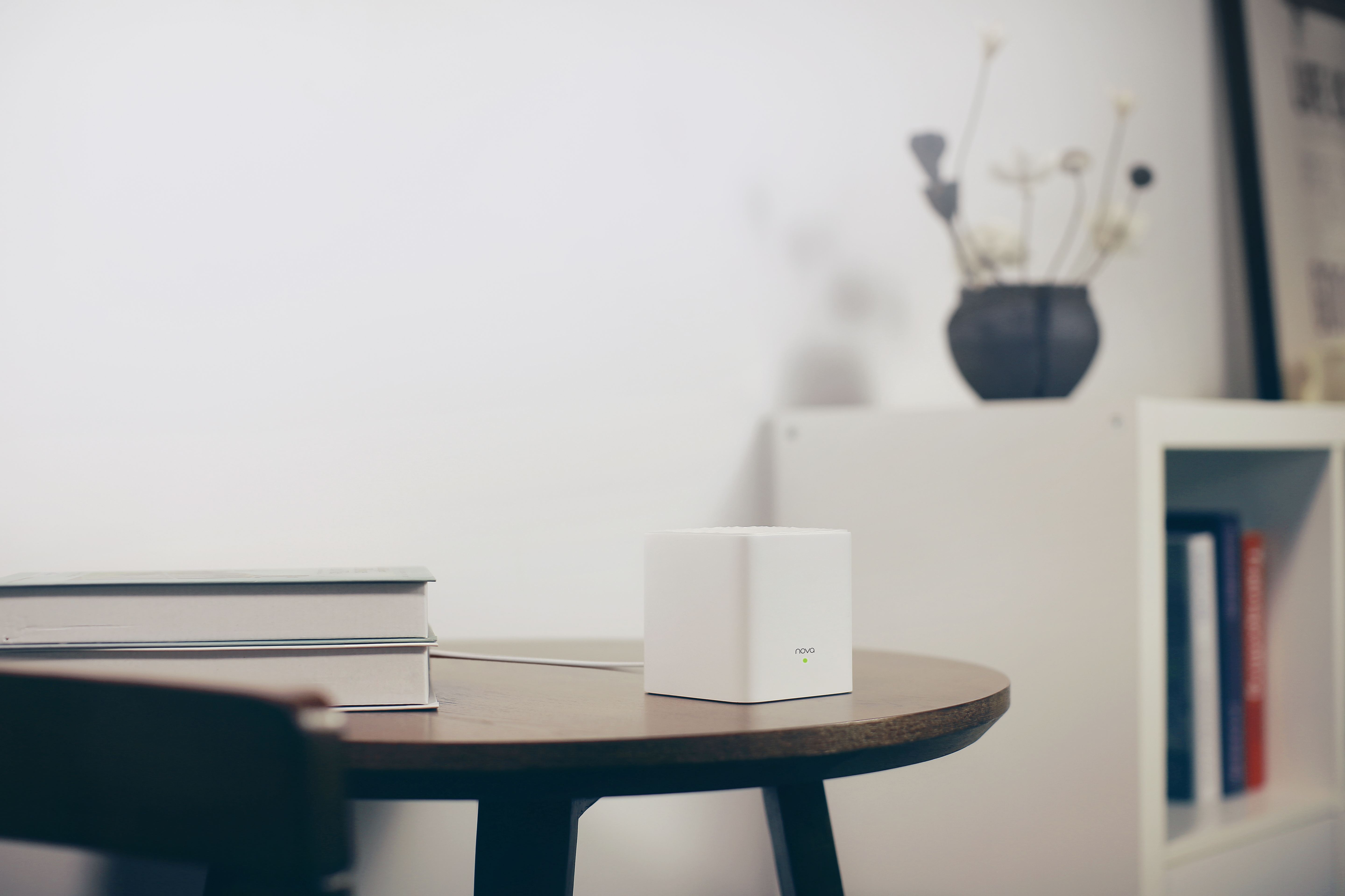 Un router bianco su un tavolo marrone, accanto a libri e un vaso con piante secche.