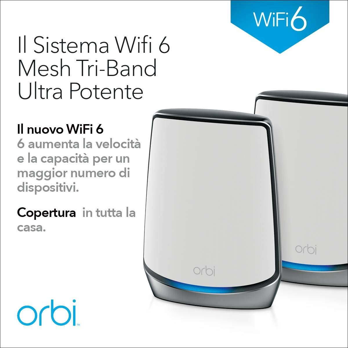Dos routers Orbi WiFi 6 blancos con texto que explica las características. Acento azul abajo.