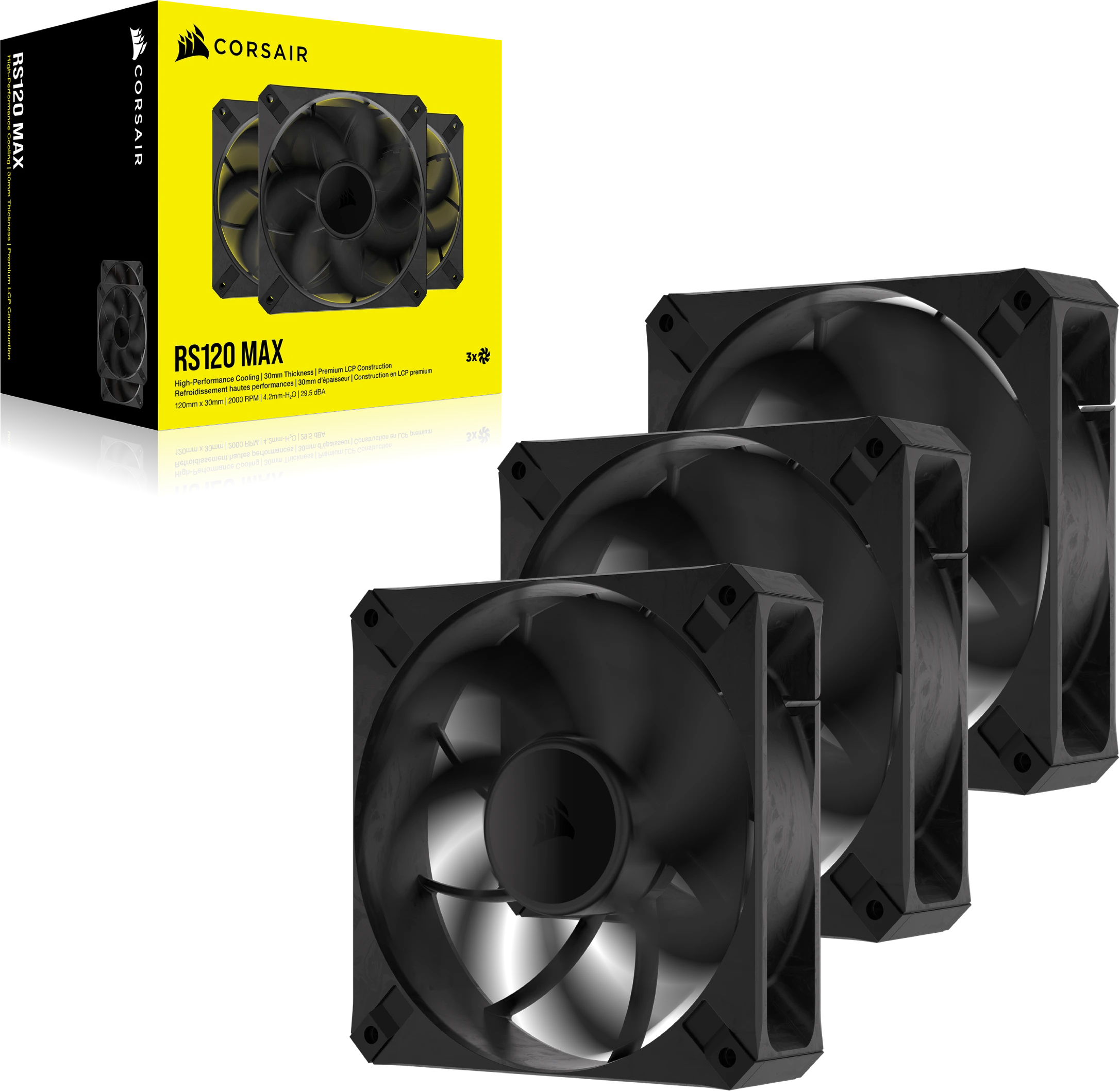 Trois ventilateurs d'ordinateur noirs avec une boîte. Les ventilateurs ont des cadres et des pales noirs. La boîte est jaune et noire.