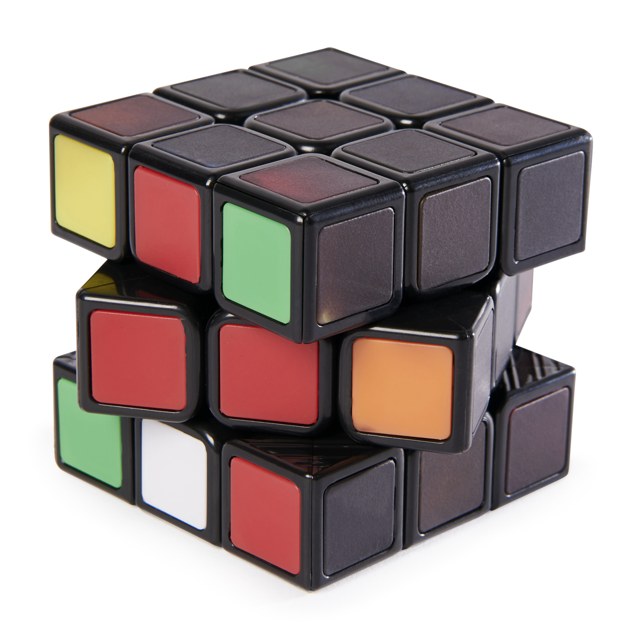 Un cubo di Rubik risolto con facce nere e quadrati multicolore.