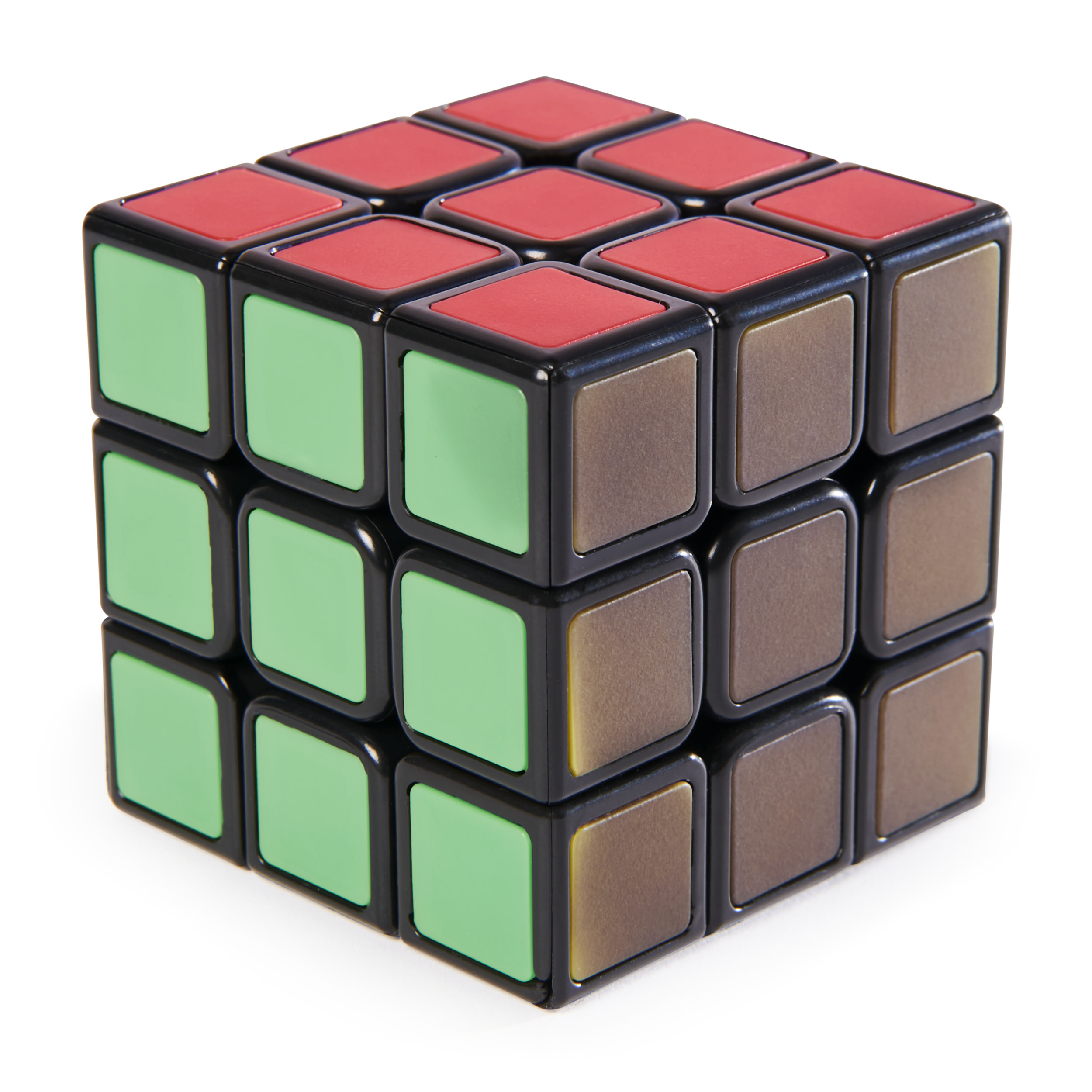 Un Cubo di Rubik con lati rossi, verdi e marroni. Bordi neri.