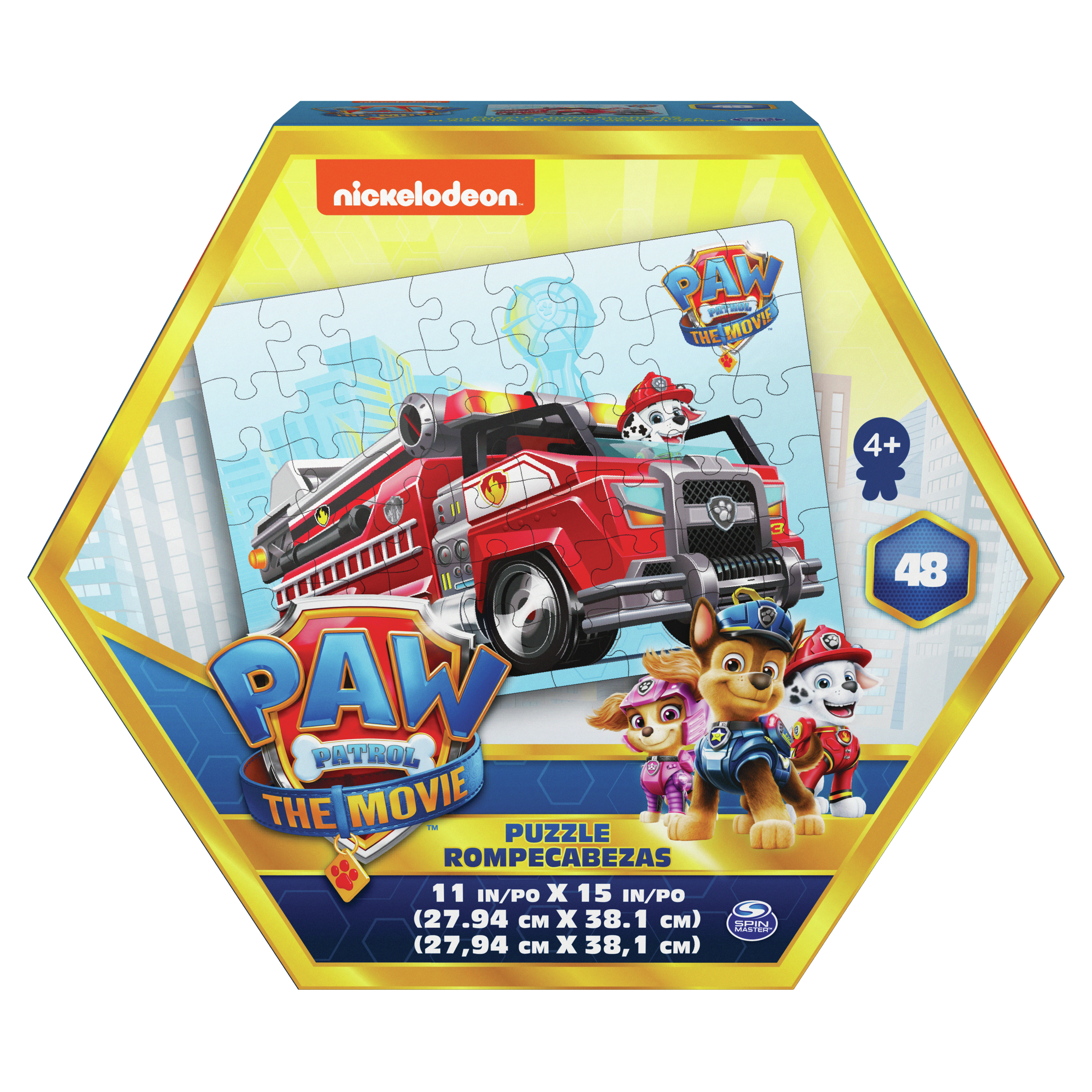 Eine Paw Patrol Puzzle-Box mit einem Bild eines Feuerwehrautos und Figuren.