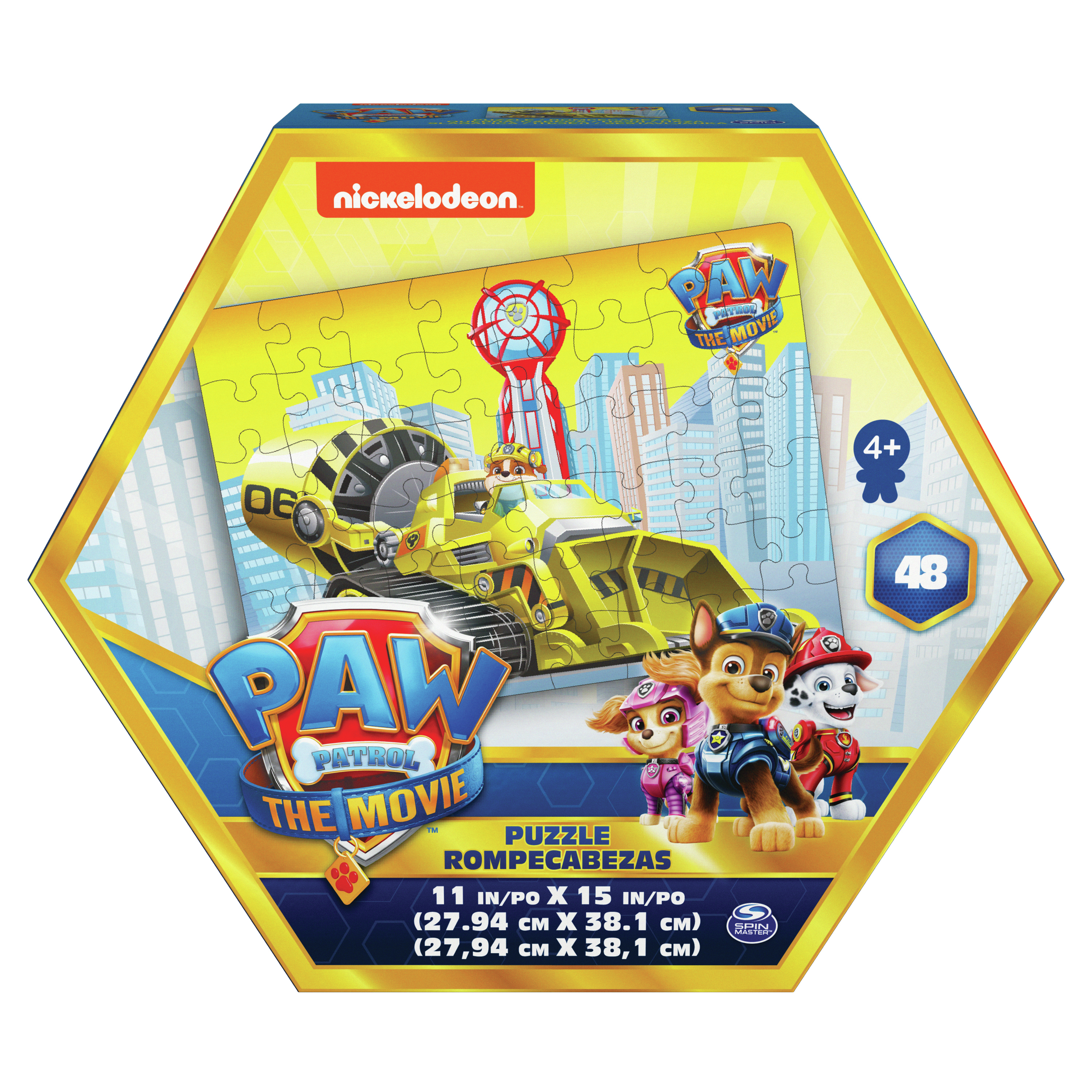 Eine Paw Patrol Puzzlebox mit einem gelben Bulldozer und den Paw Patrol Figuren.