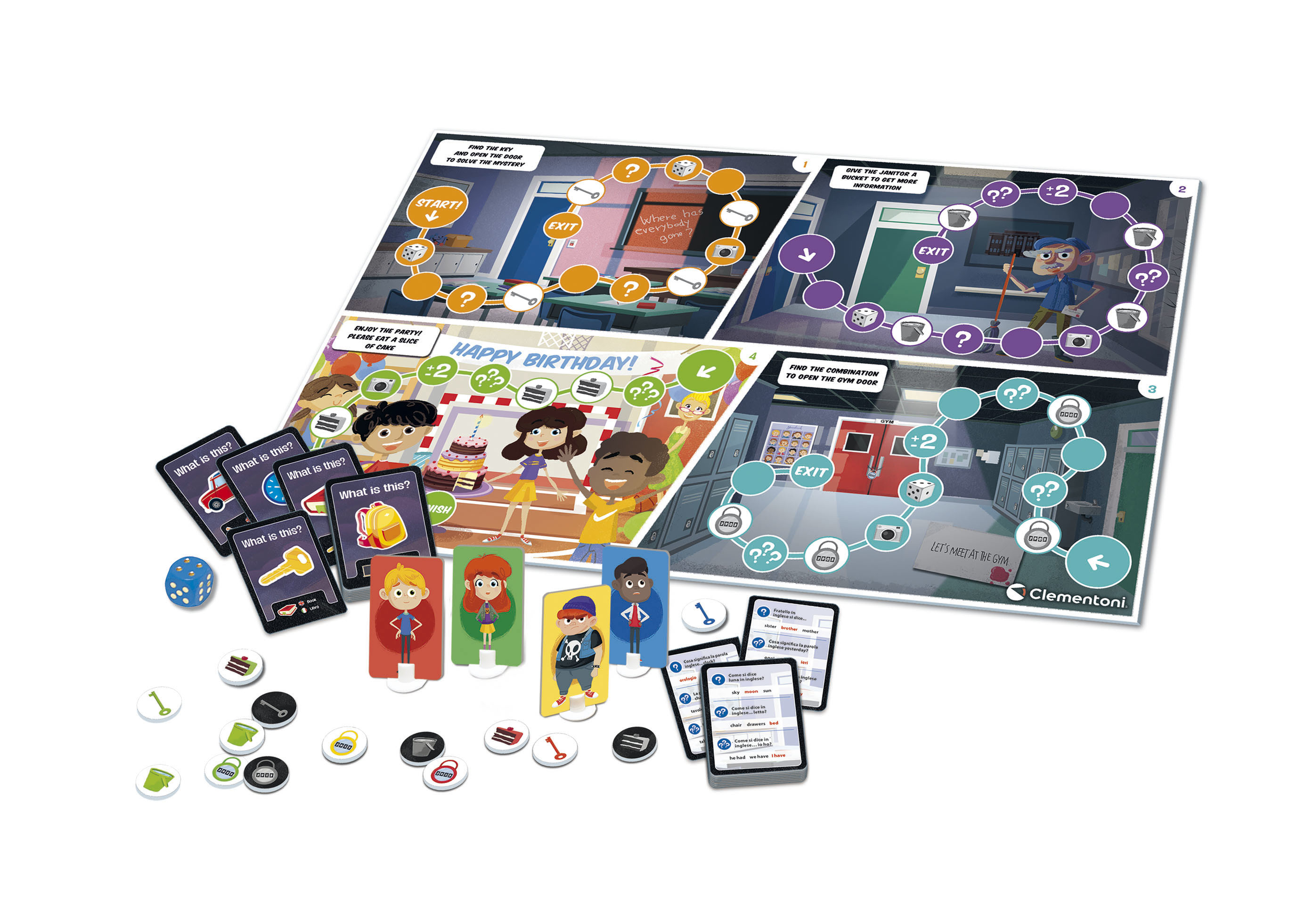 Brettspiel mit mehreren Spielkarten, Würfeln und Spielsteinen. Der Hintergrund ist weiß.