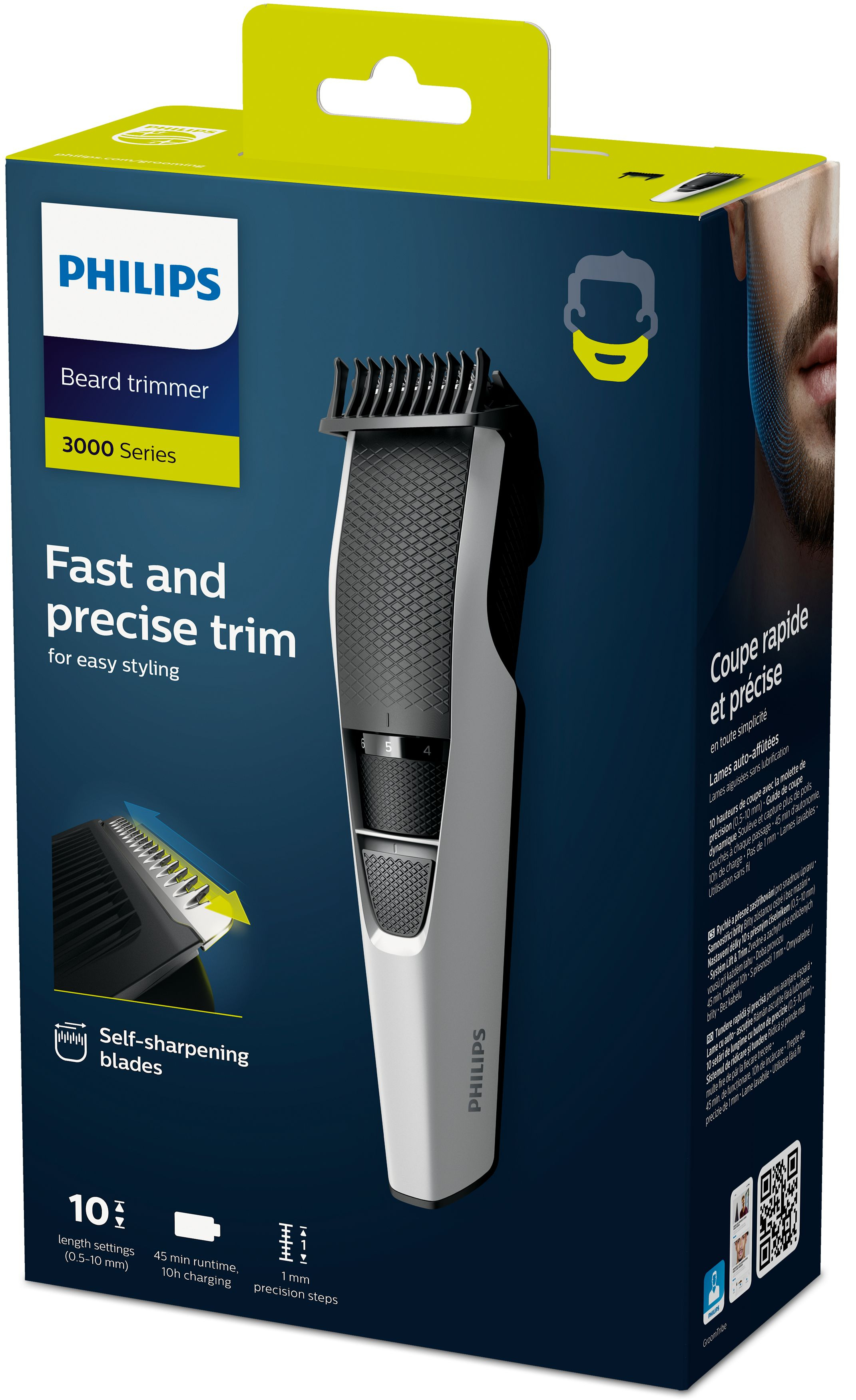 Pudełko trymera do brody Philips z trymerem i twarzą mężczyzny, z tekstem.
