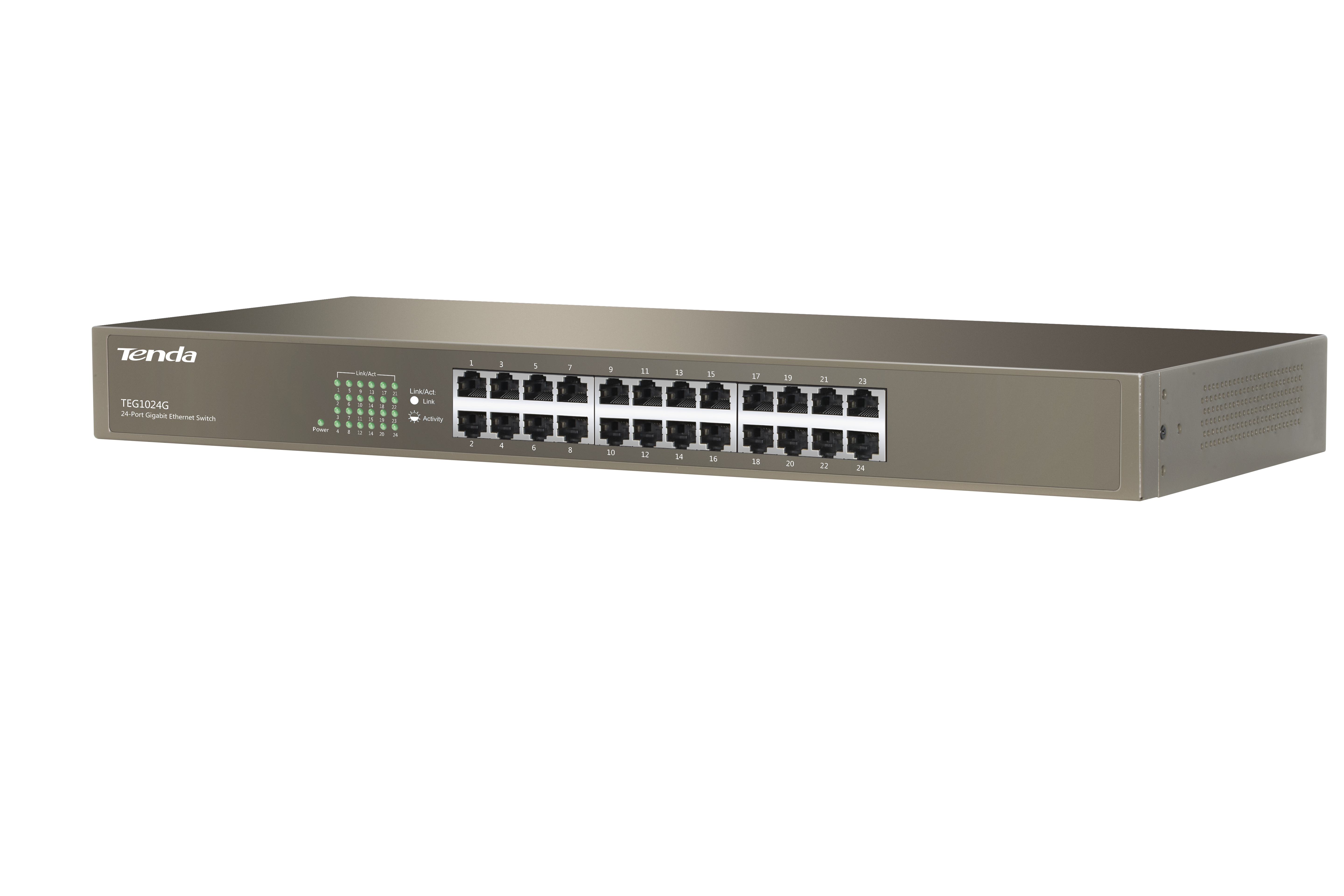 Un commutateur Ethernet argenté et gris avec 24 ports, la marque Tenda est en haut.