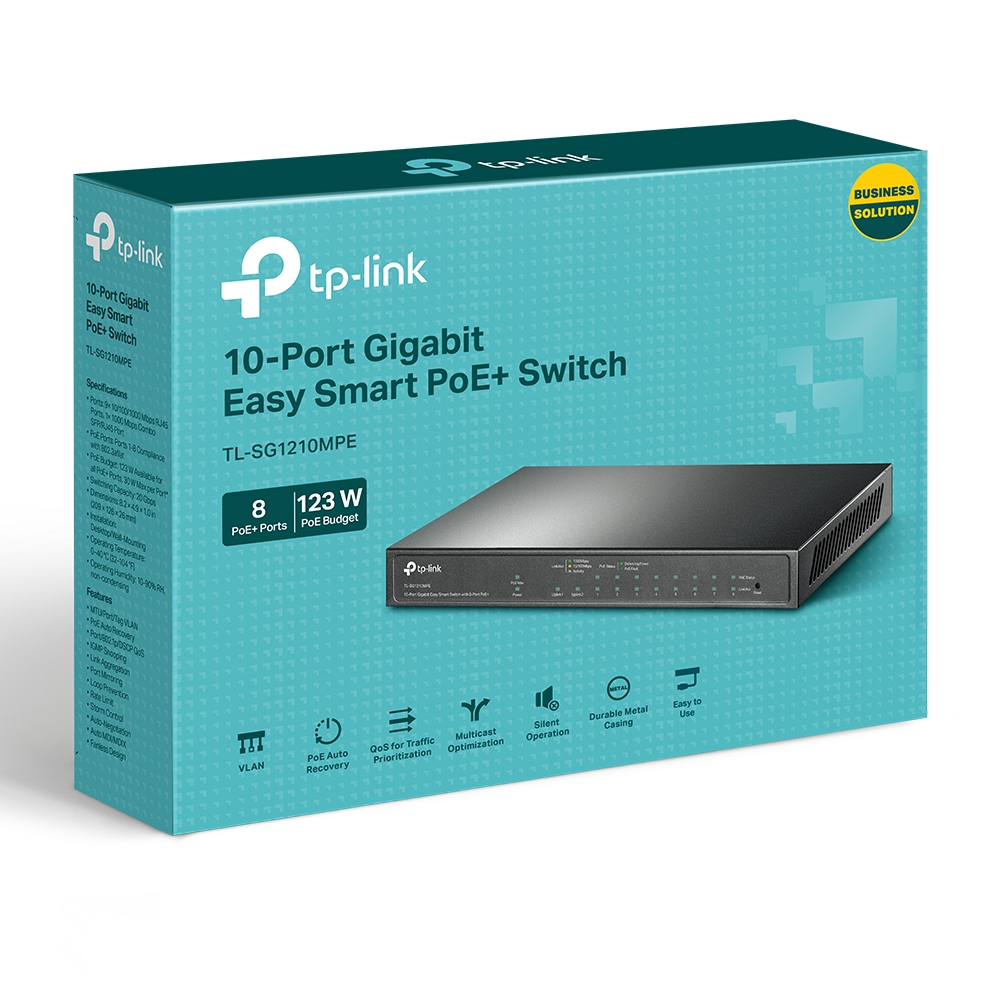 Eine blaue und cyanfarbene Box mit einem schwarzen Netzwerk-Switch. Auf der Box steht "10-Port Gigabit Easy Smart PoE+ Switch".