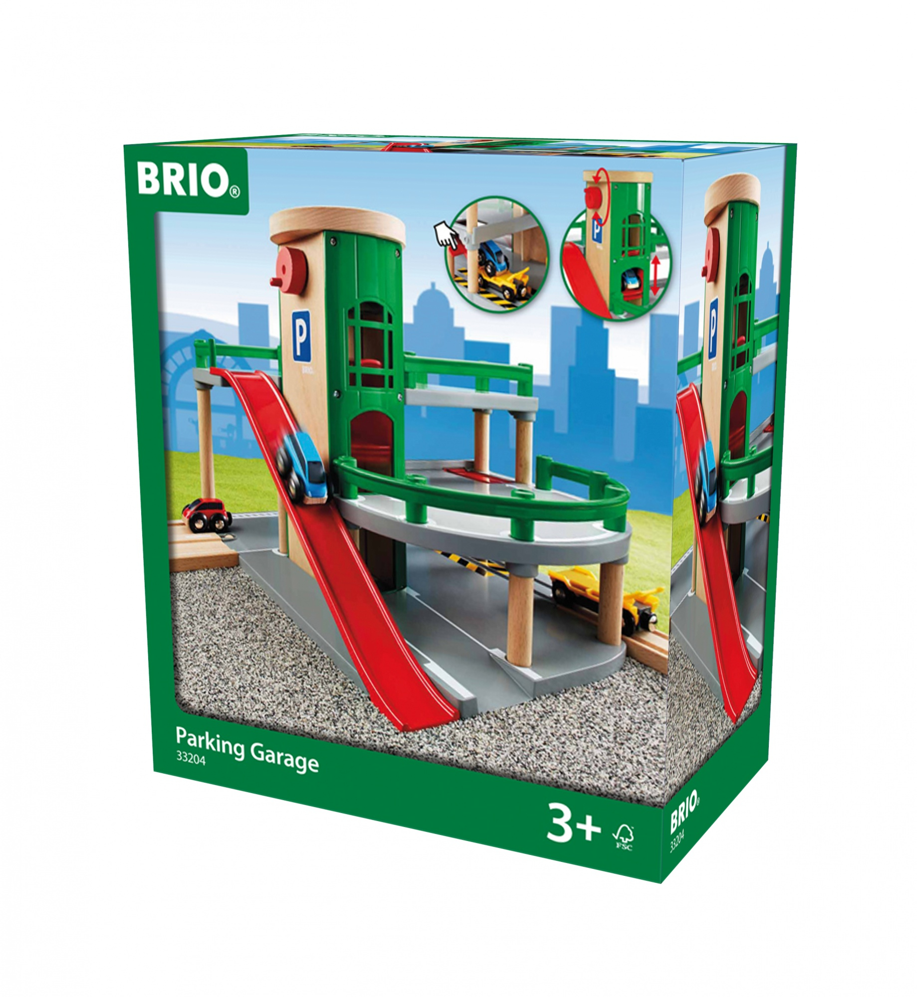 Scatola dei giocattoli del garage Brio. La scatola mostra il giocattolo e le sue caratteristiche.