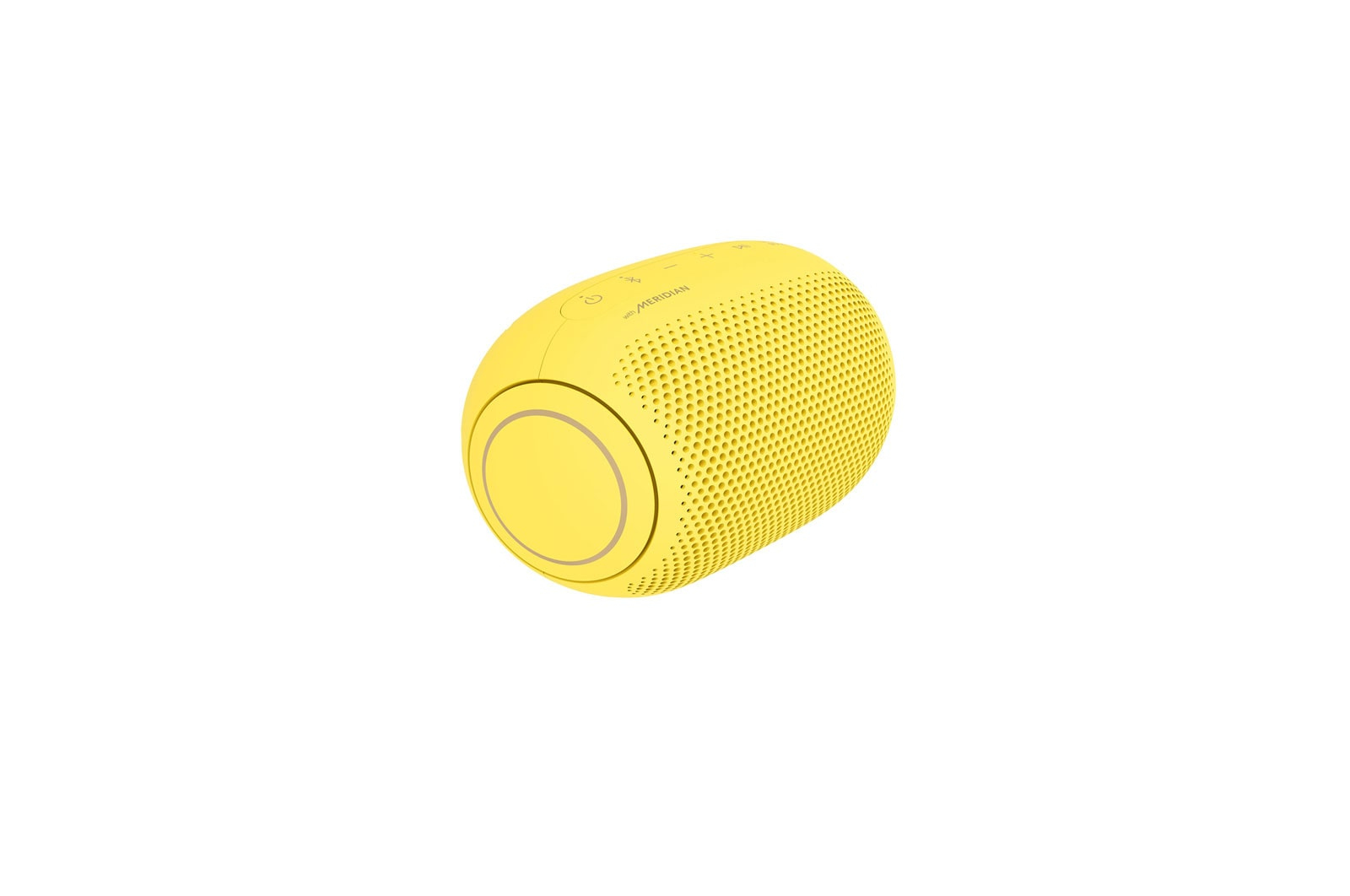 Żółty głośnik cylindryczny, białe tło. Logo Meridian.