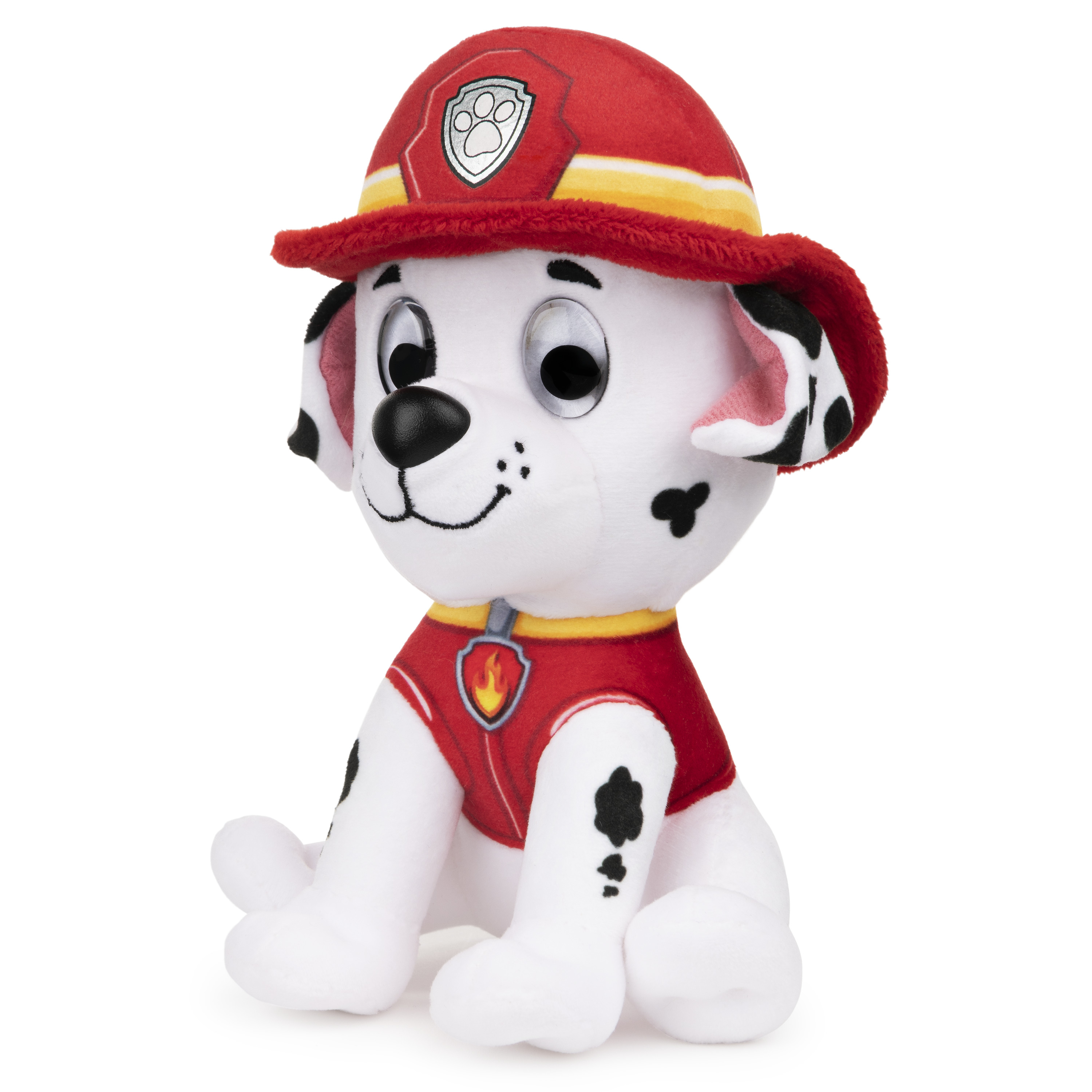 Ein weißes Paw Patrol Marshall Plüschtier mit roter Uniform und Hut.