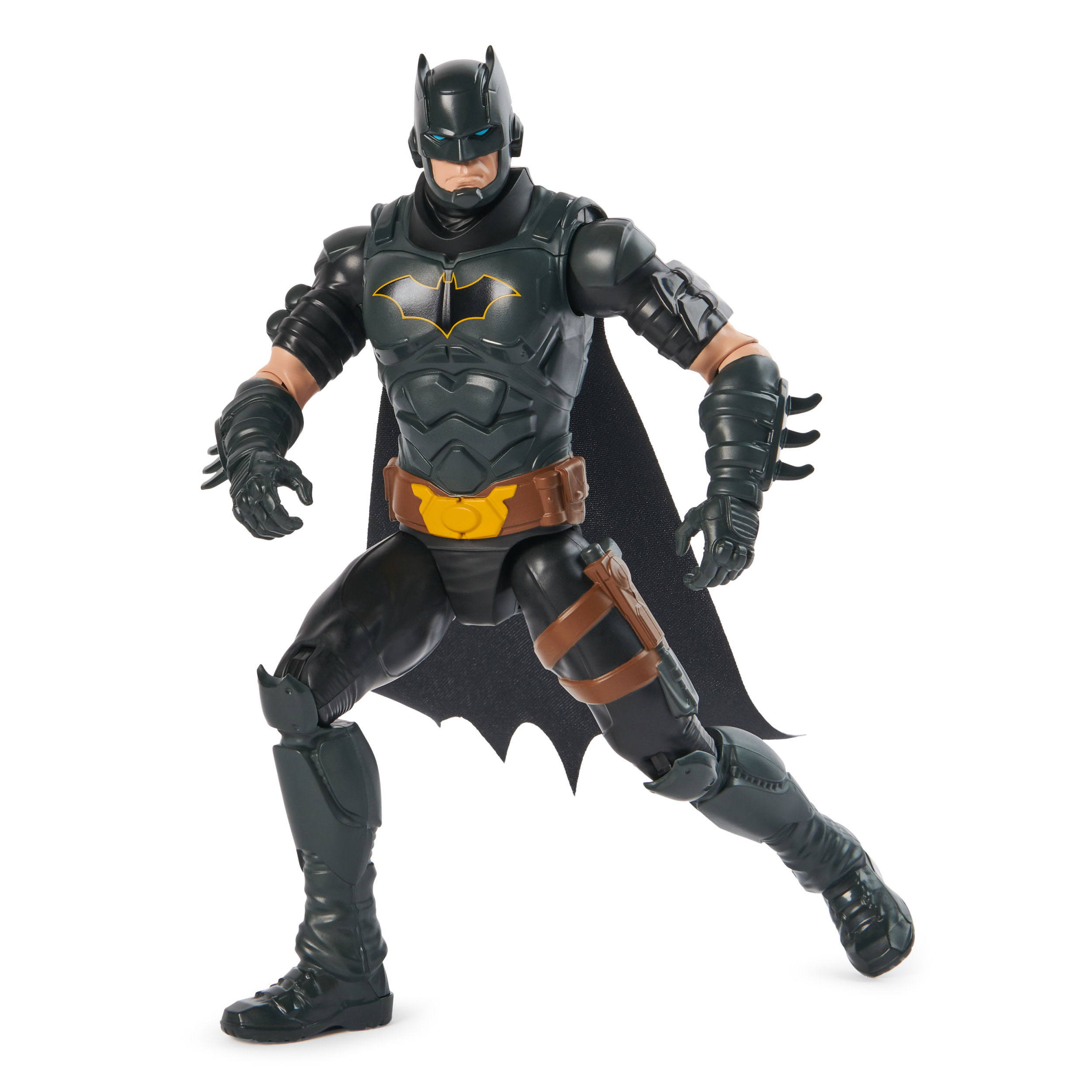 Eine Batman-Actionfigur in dynamischer Pose. Er hat schwarze Rüstung und einen Umhang.