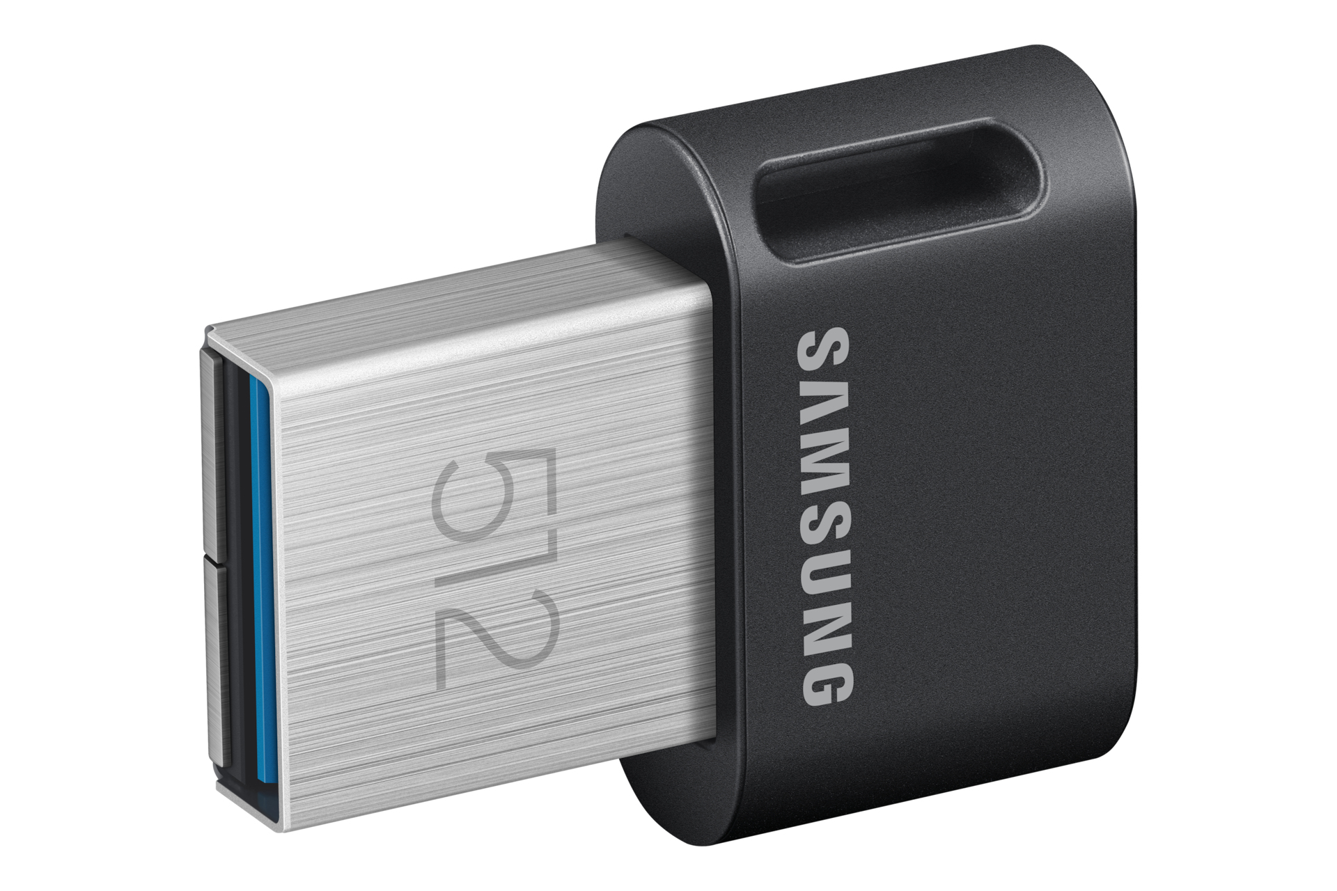 Black and silver Samsung USB drive. The drive is plugged in, and it has the 512 and Samsung label.