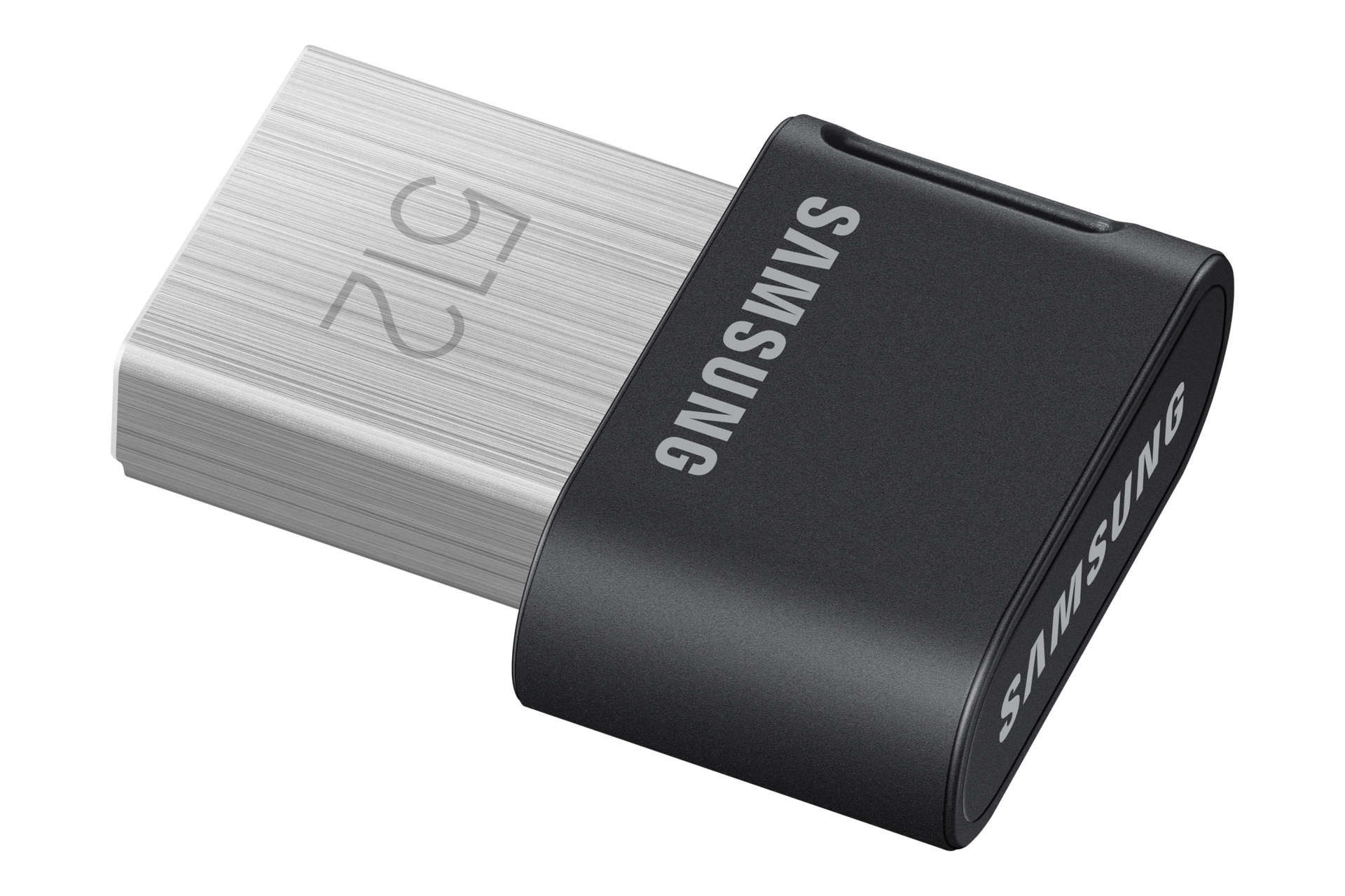 Silver and black Samsung USB flash drive. White background.