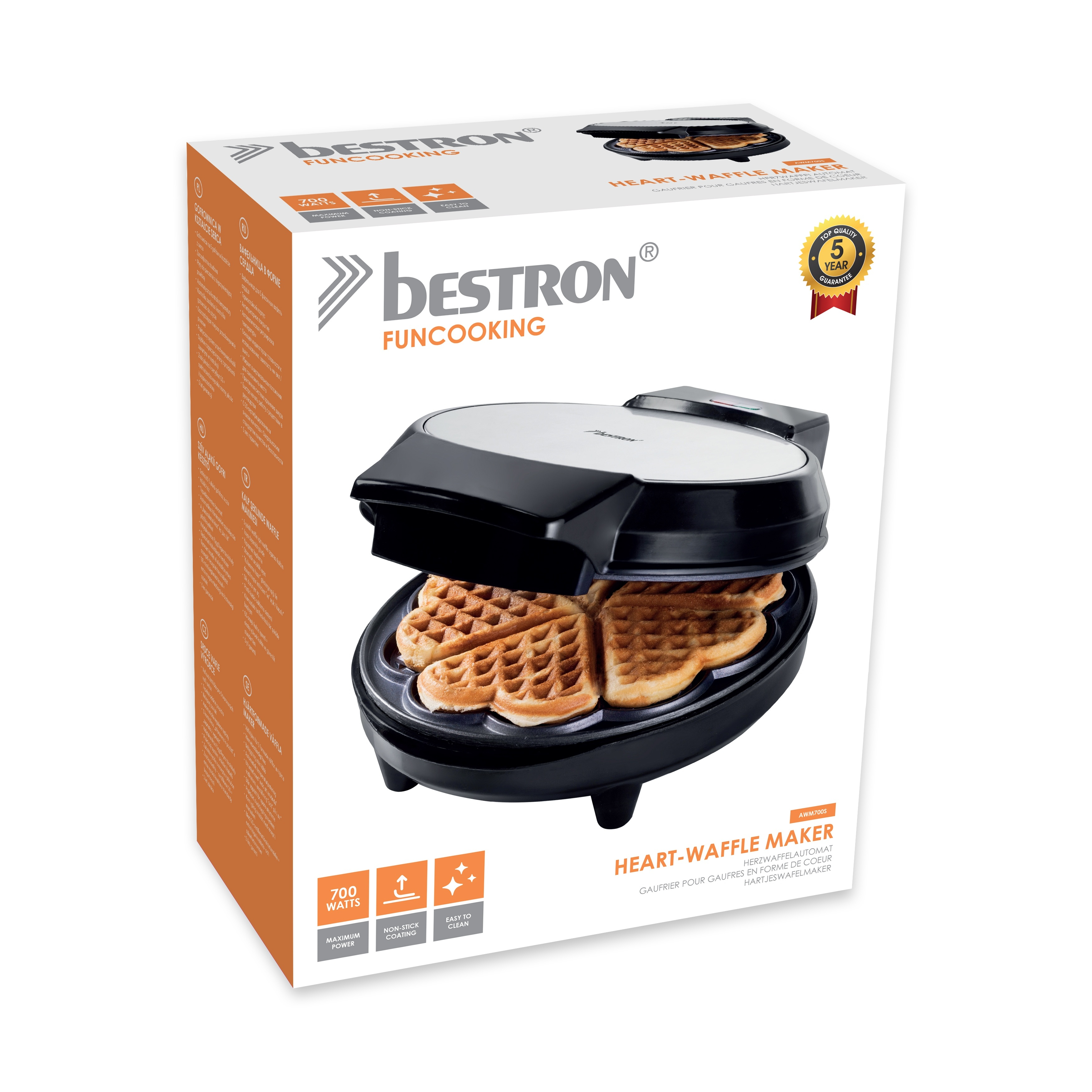 Pudełko gofrownicy Bestron w kształcie serca z gofrem w środku. Pudełko pokazuje produkt i jego cechy.