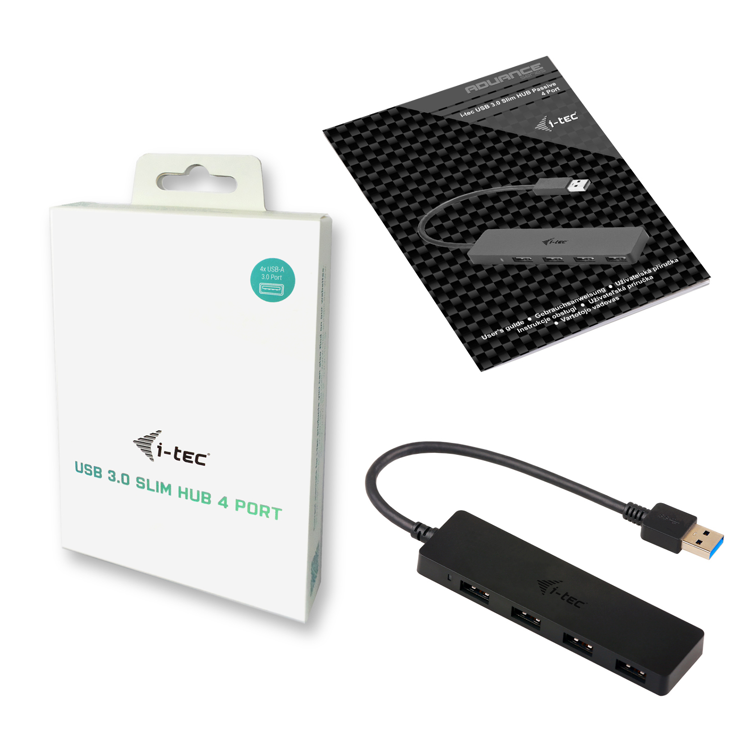 Weiße Box, USB-Hub und Benutzerhandbuch. Hub ist schwarz mit 4 Anschlüssen und USB-Kabel.