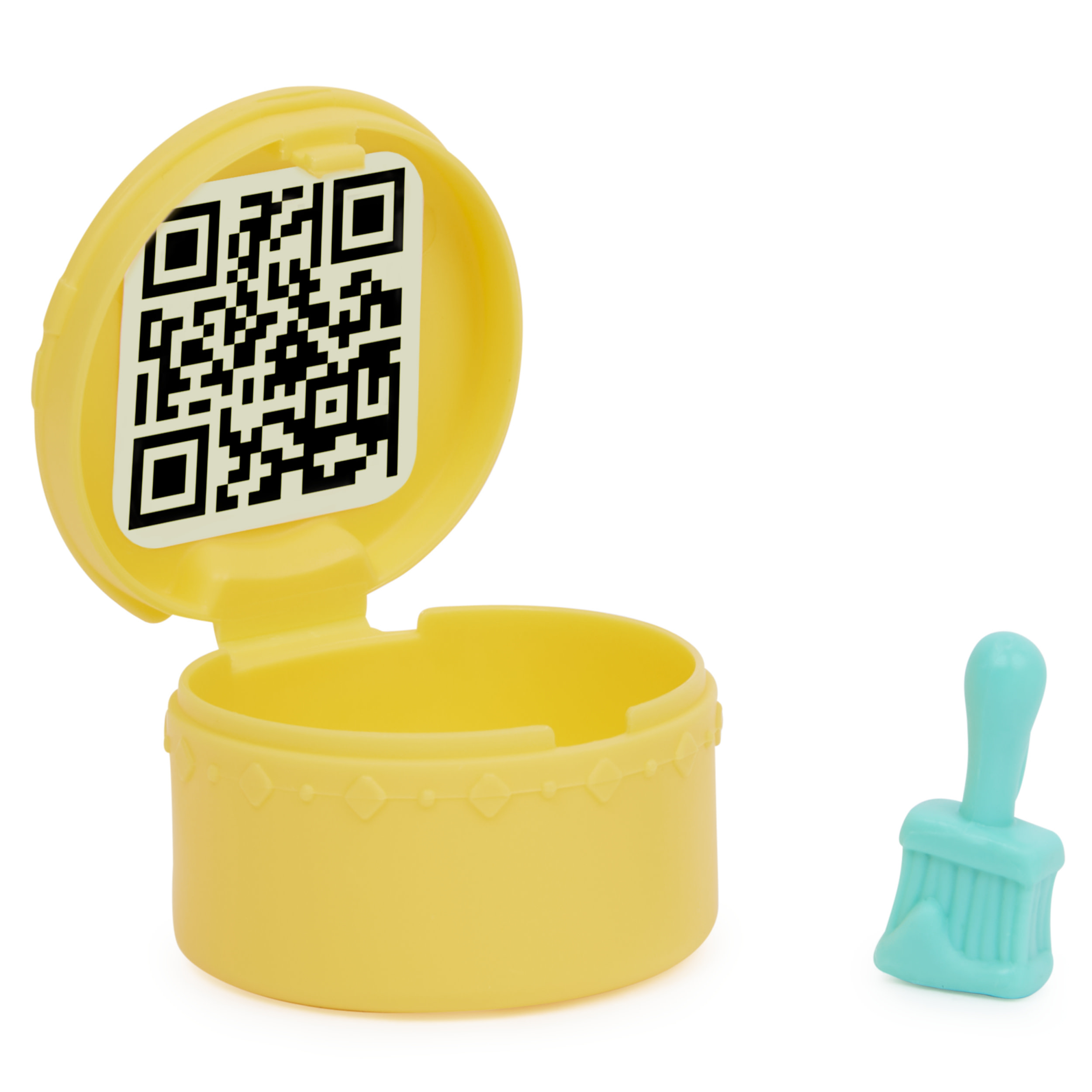 Żółty pojemnik z kodem QR i pędzlem. Pędzel i żółty pojemnik z kodem QR w środku.