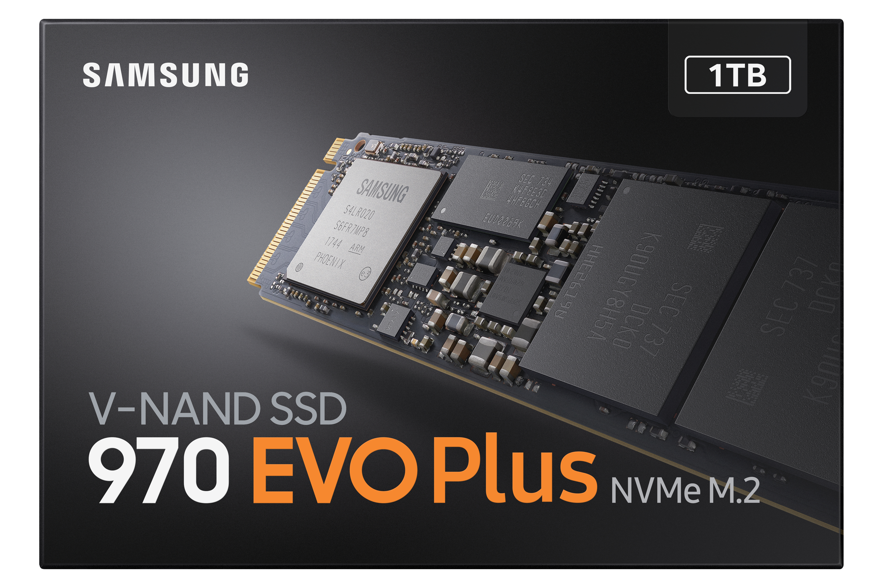 Dysk SSD. Dysk jest ciemnoszary z logo Samsung i tekstem 1TB.