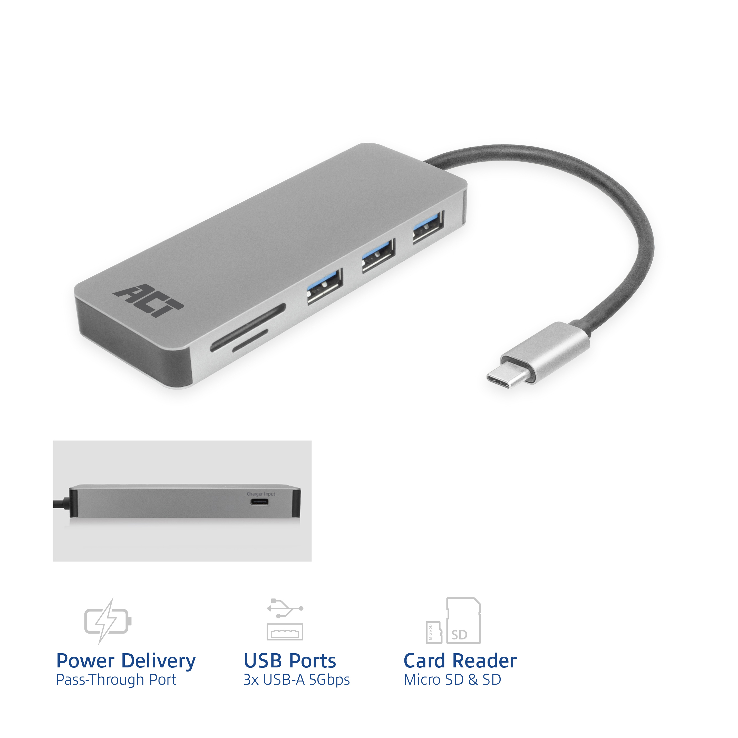 Silberner USB-Hub mit USB-Anschlüssen, einem SD-Kartenleser und einem USB-C-Anschluss.