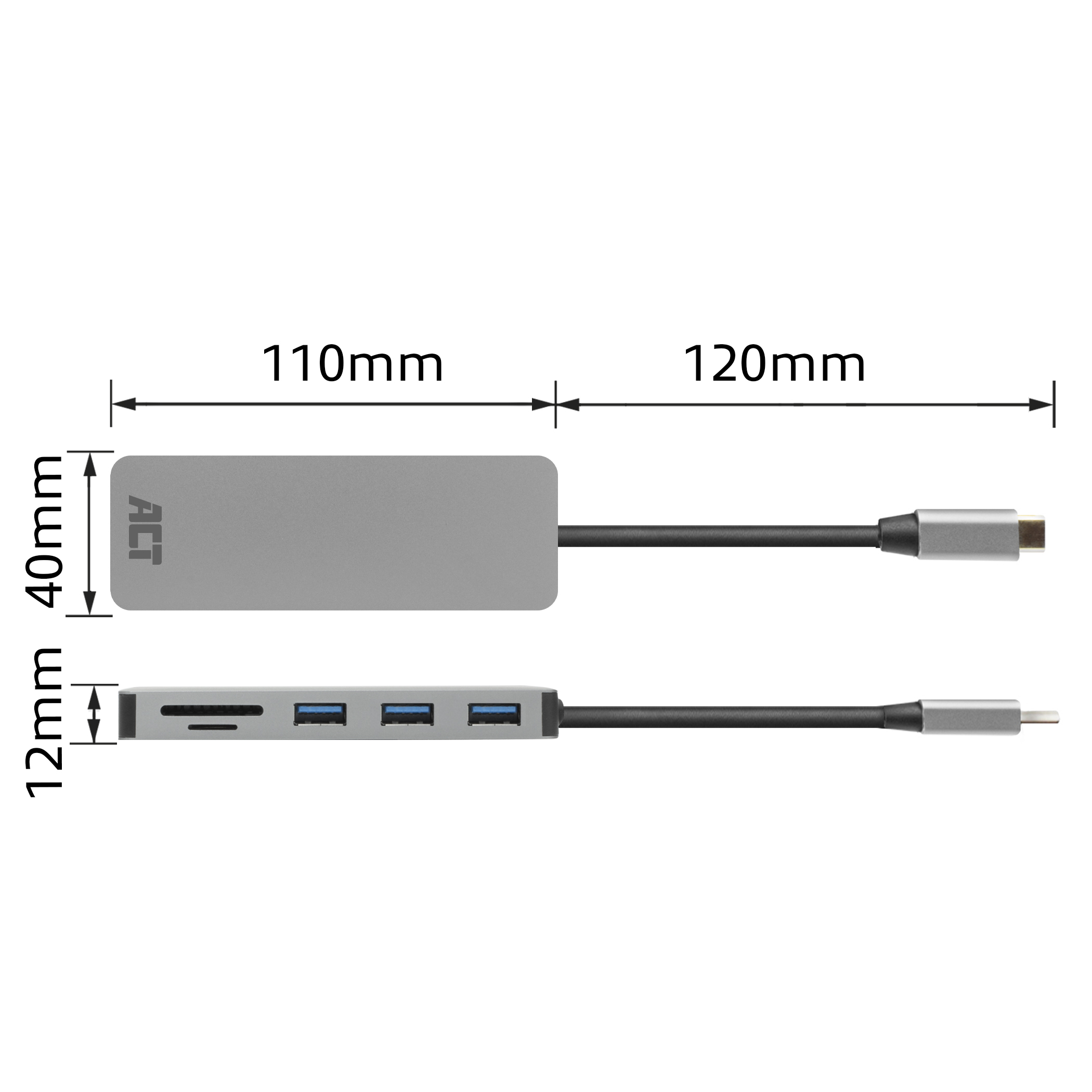Draufsicht und Seitenansicht eines silbernen USB-Hubs mit Abmessungen. Ein USB-C-Kabel ist angeschlossen.