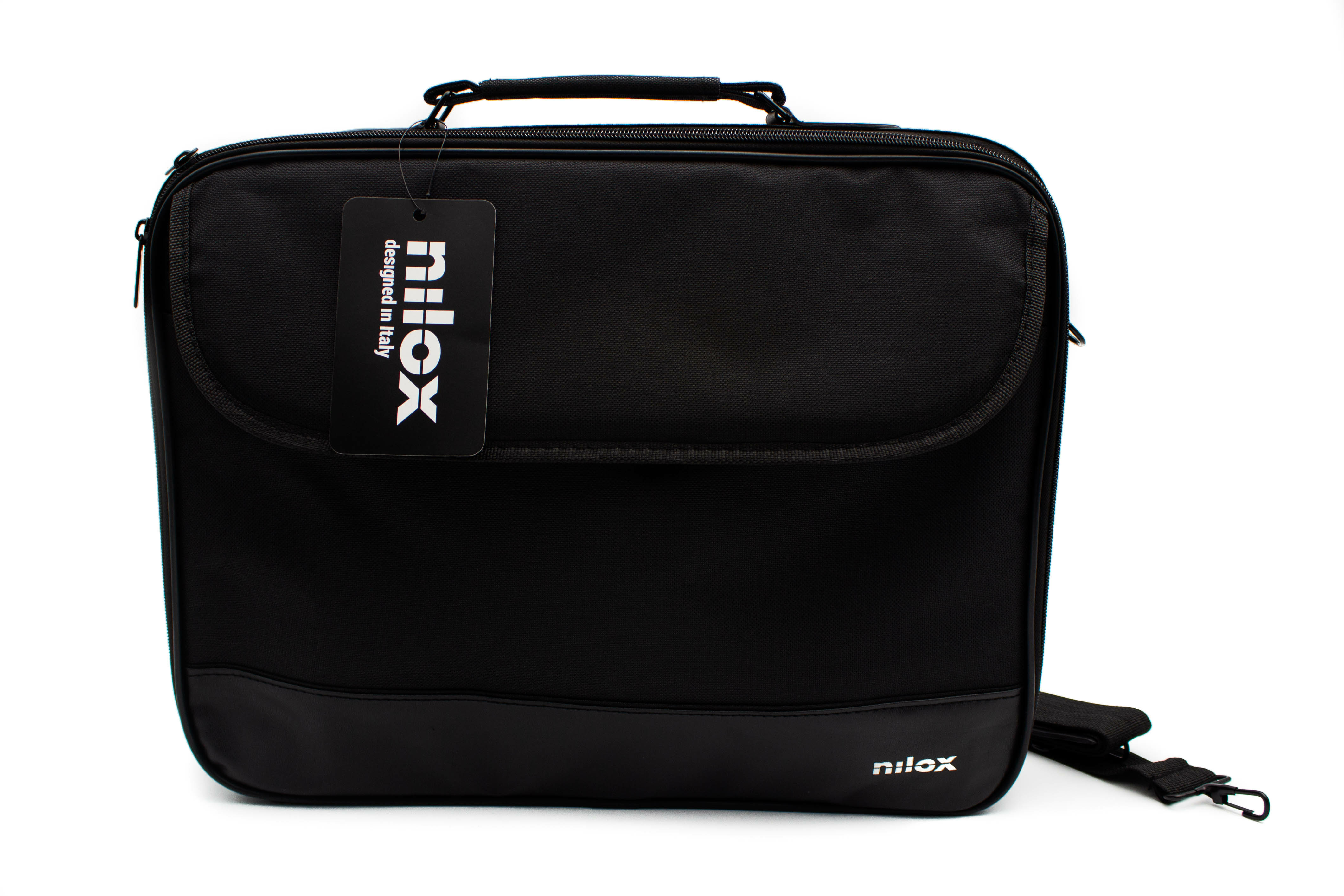 Borsa per laptop nera con un'etichetta 'nilox', progettata in Italia, su sfondo bianco.