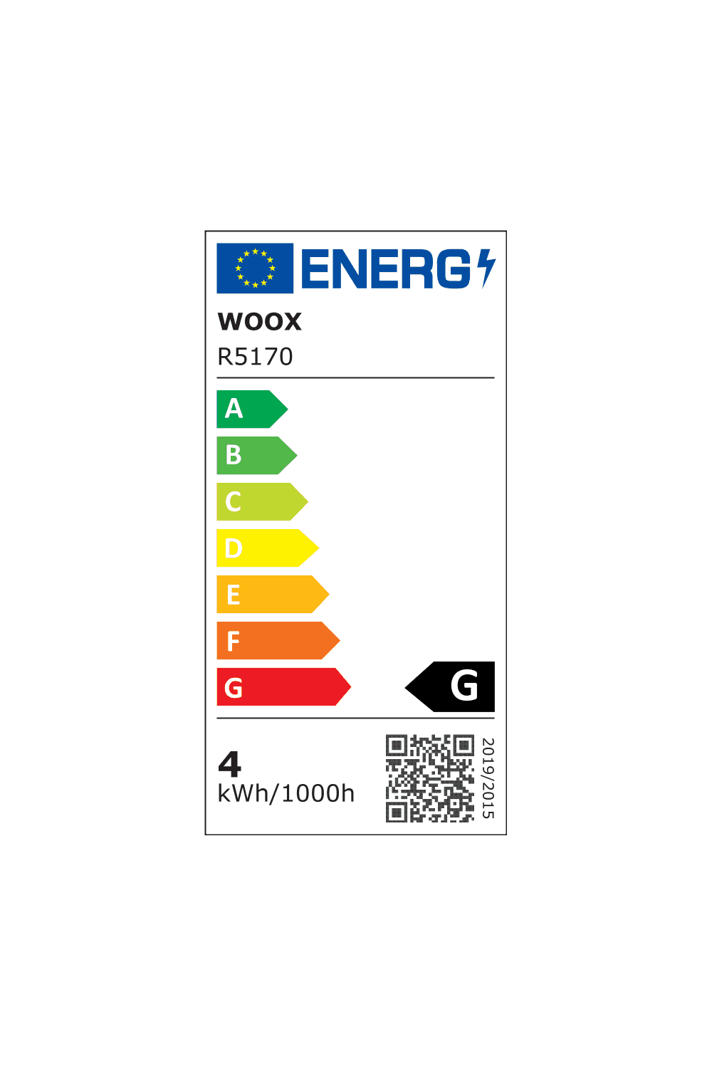 Etykieta energetyczna dla WOOX R5170. Efektywność energetyczna to G. 4 kWh/1000h.