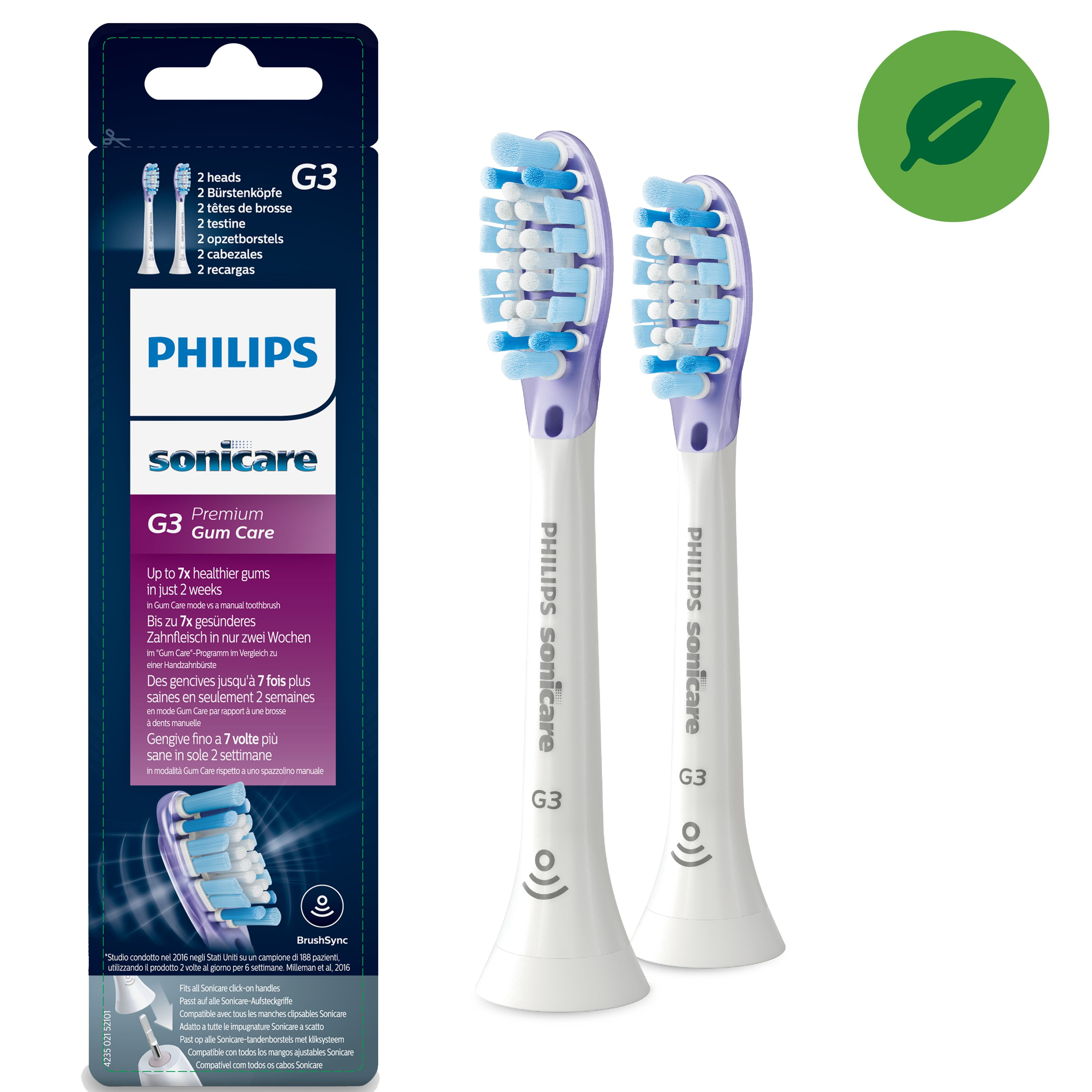Verpackung für Philips Sonicare G3 Gum Care Zahnbürstenköpfe, mit zwei sichtbaren Ersatzköpfen.