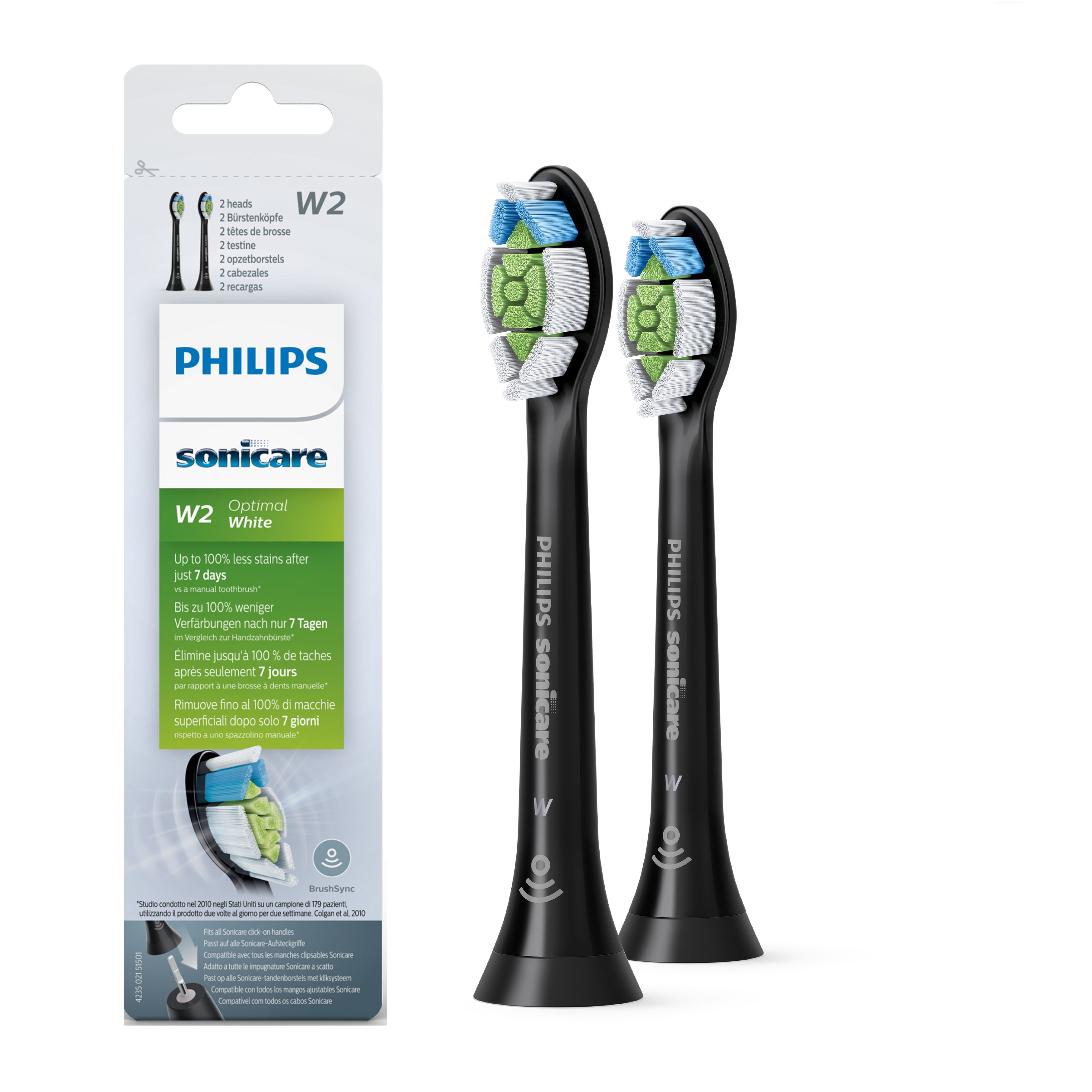 Zwei schwarze Philips Sonicare-Zahnbürstenköpfe, W2 Optimal White. Verpackt mit Text, grünen und blauen Borsten.