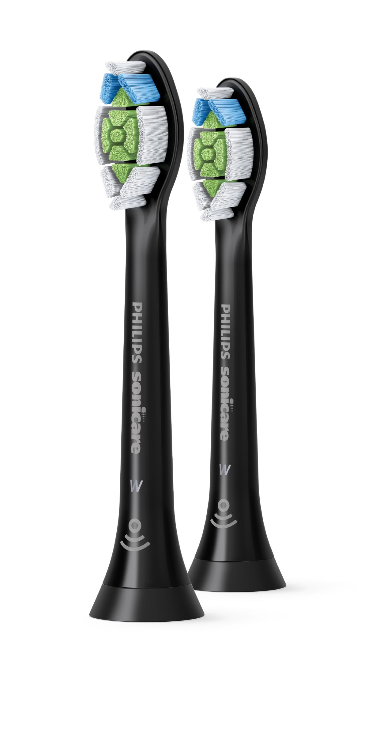 Zwei schwarze Philips Sonicare Zahnbürstenköpfe. Der Hintergrund ist weiß.