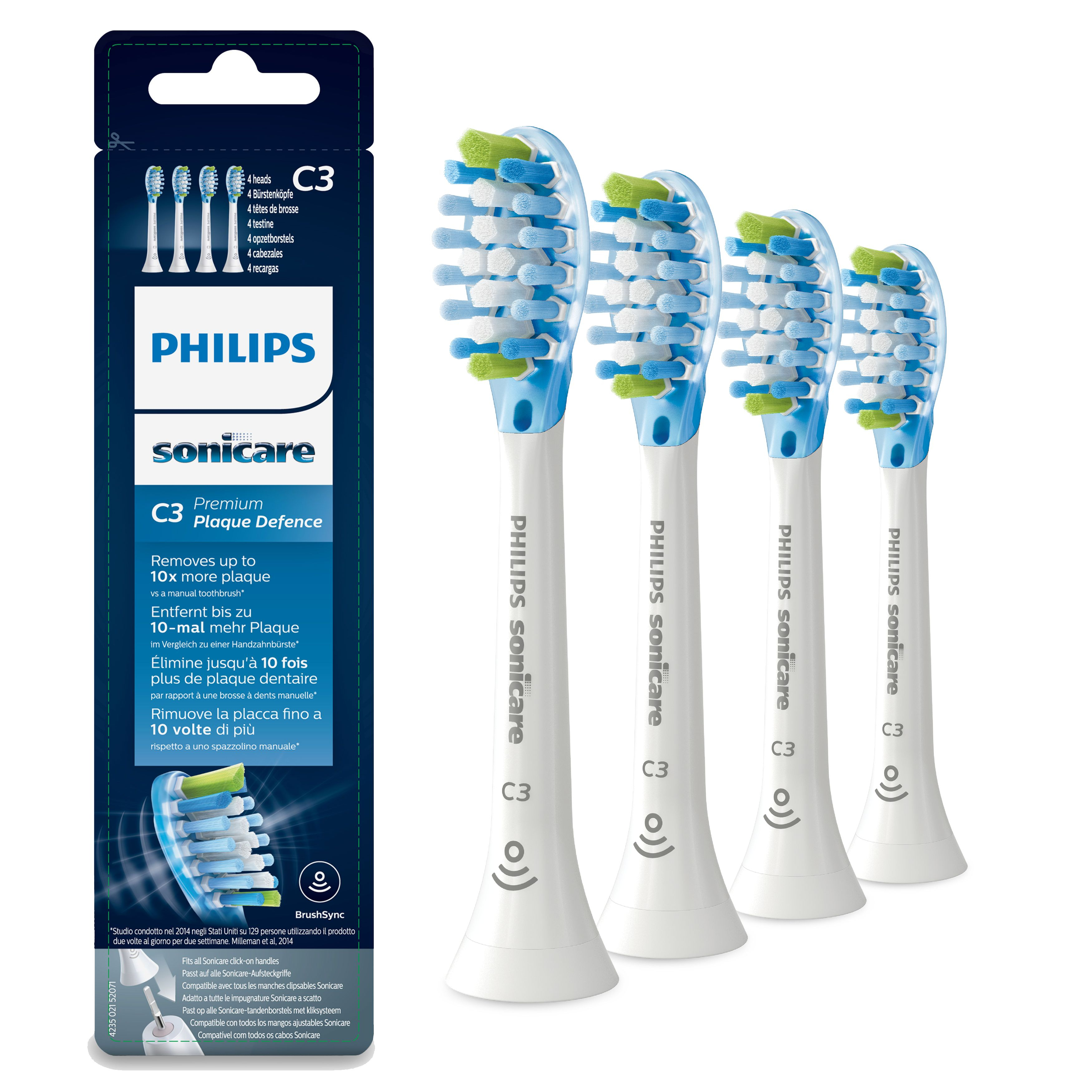 Opakowanie głowic do szczoteczki Philips Sonicare. Cztery białe głowice z niebieskim i zielonym włosiem.