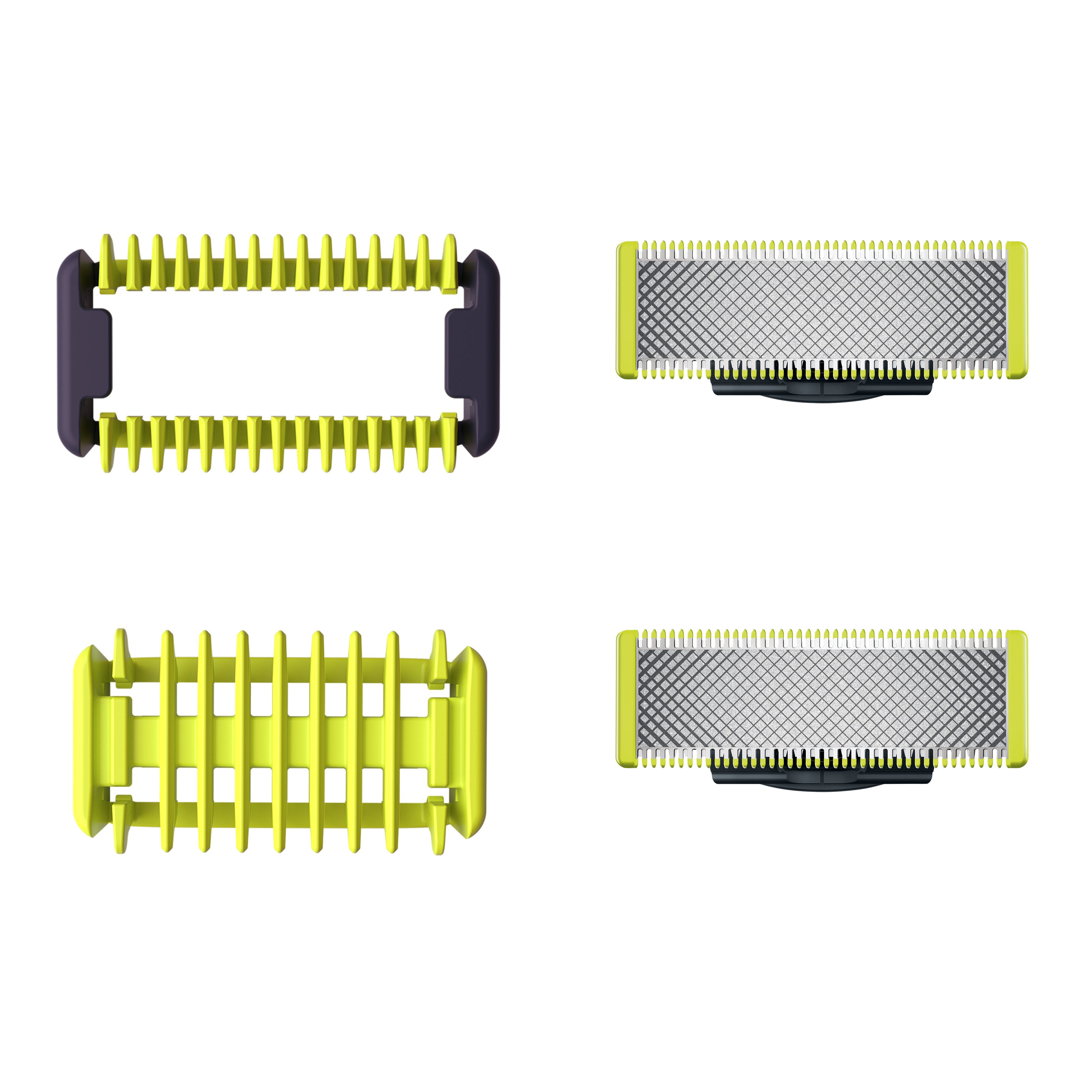 Cztery żółto-czarne ostrza wymienne Philips OneBlade, na białym tle.