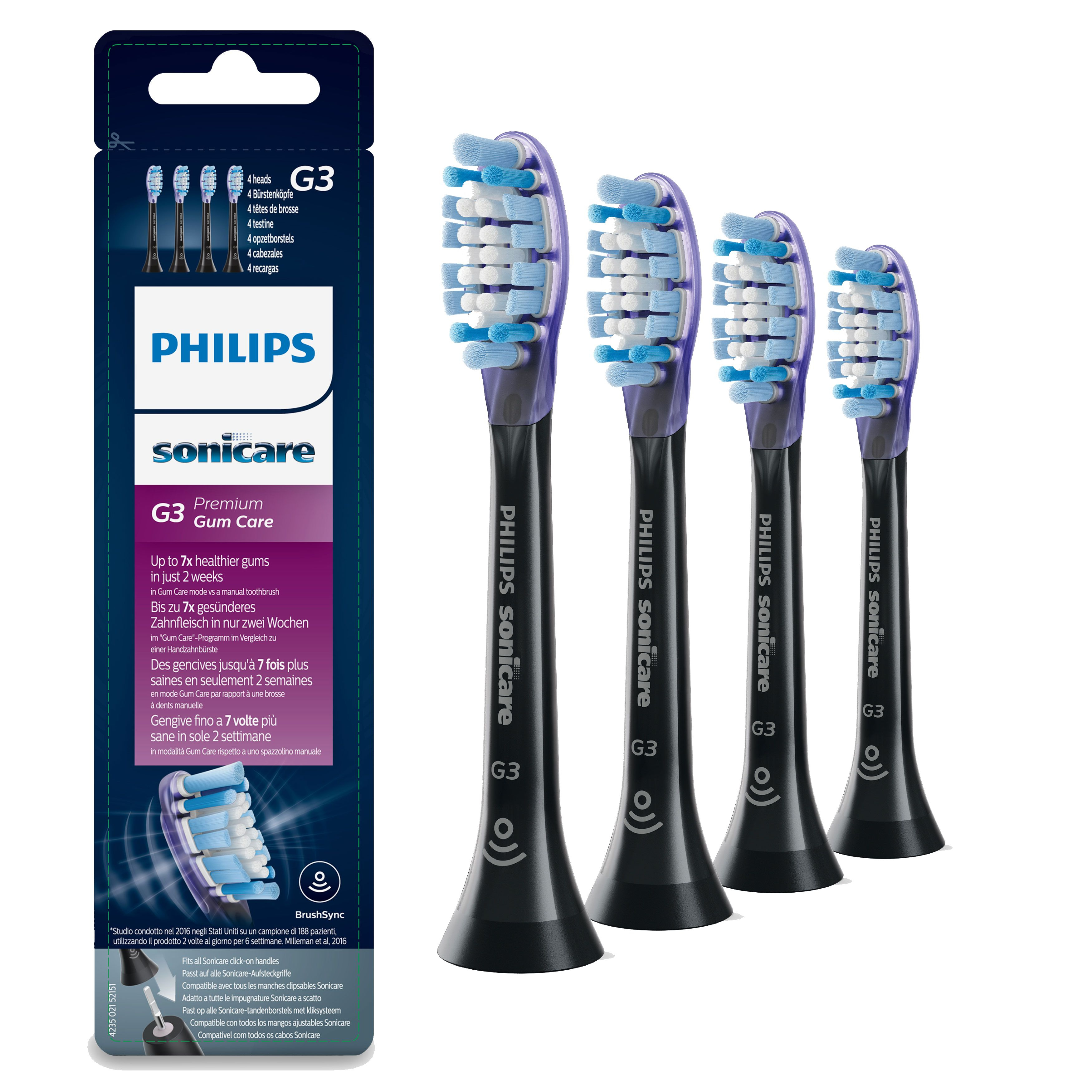 Opakowanie końcówek do szczoteczki Philips Sonicare, pokazujące cztery końcówki i informacje o produkcie.