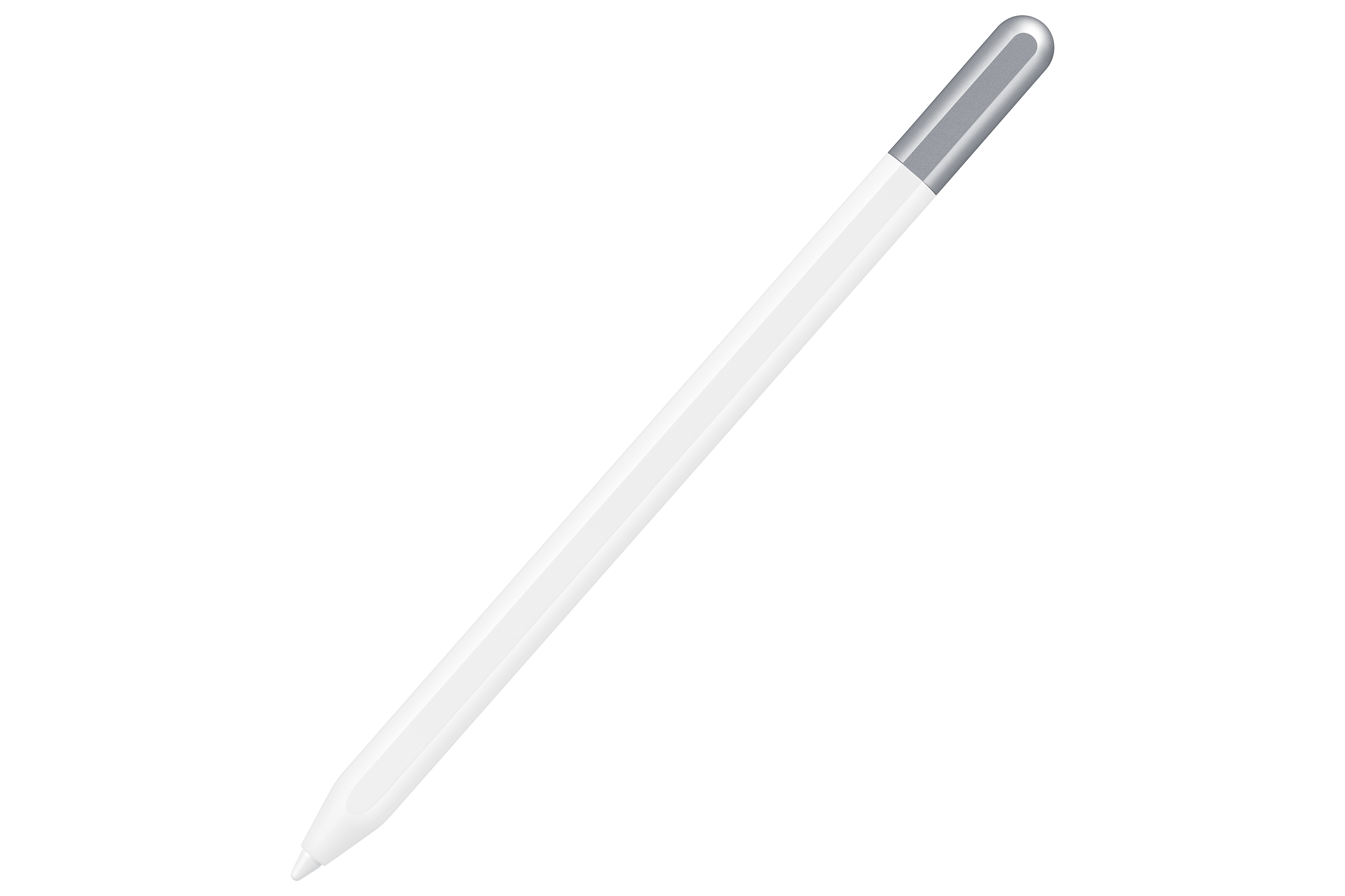 Apple Pencil blanco con tapa plateada. Diseño elegante y minimalista.