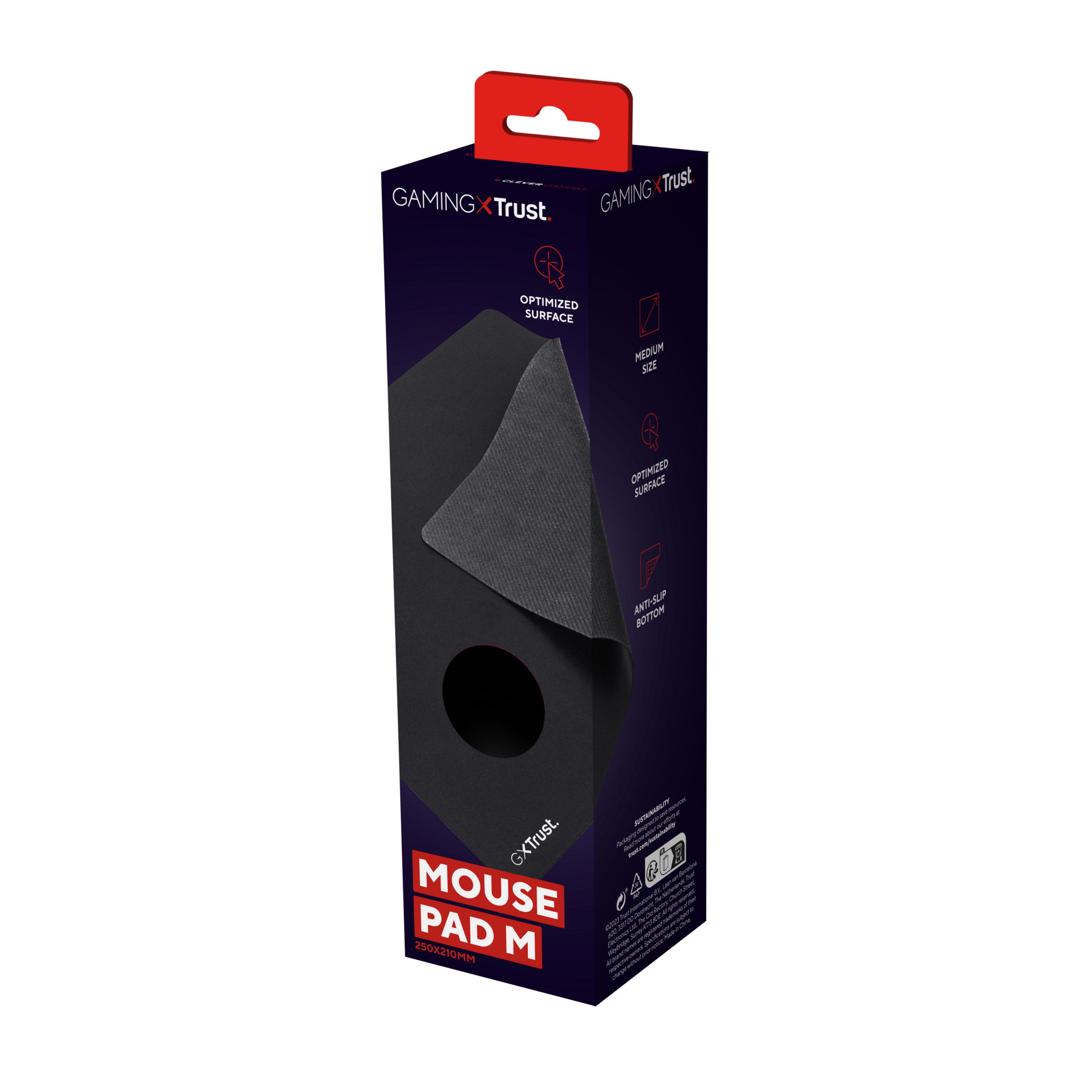 Czarna podkładka pod mysz w pudełku z tekstem i grafiką.