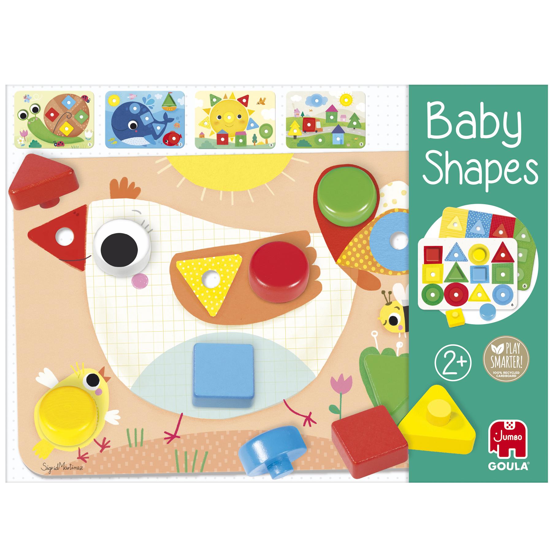 Un puzzle di forme colorato per bambini con varie forme, un sole e un pulcino, con il testo "Baby Shapes".
