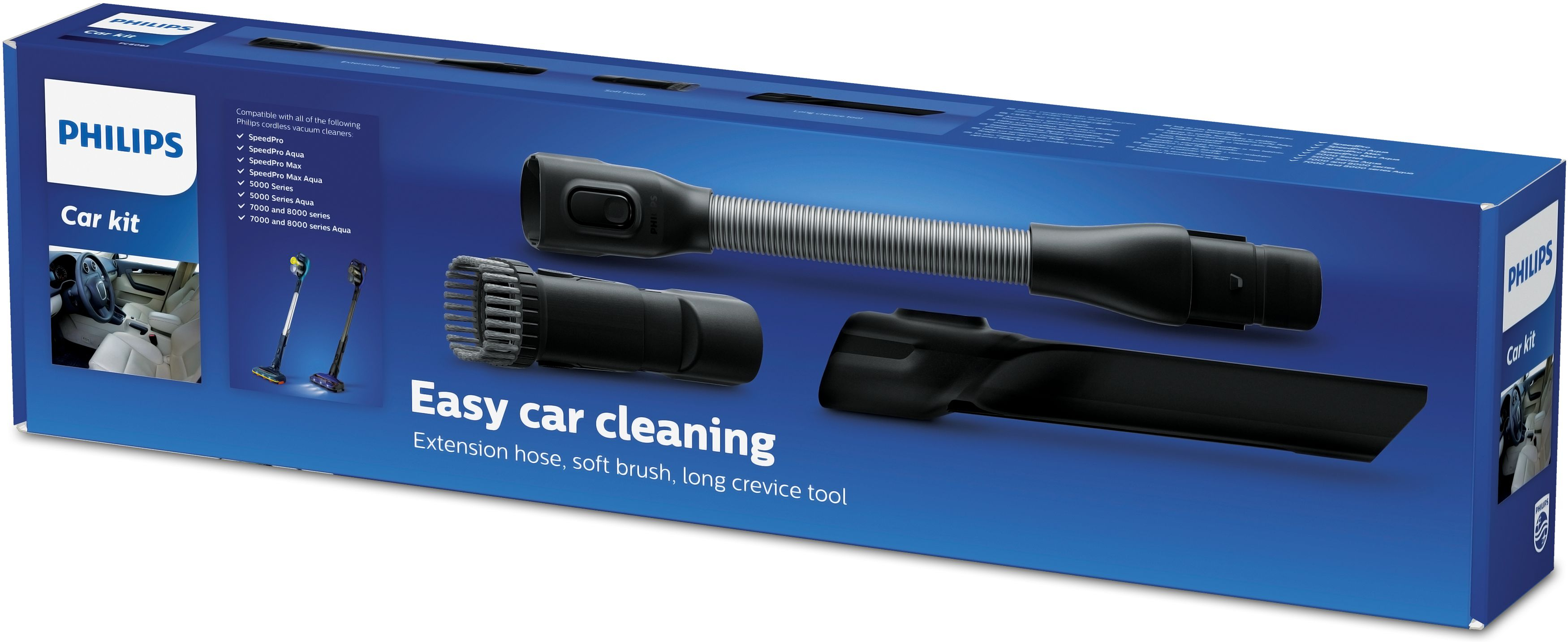 Kit de aspiradora para coche, caja azul con accesorios.