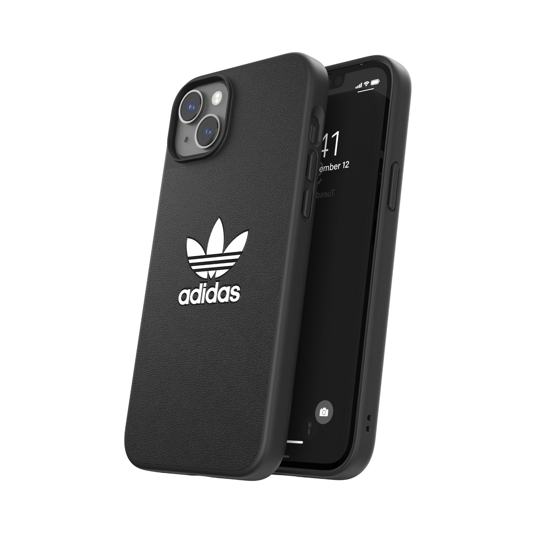 Custodia Adidas nera con logo Adidas sul retro e un telefono.
