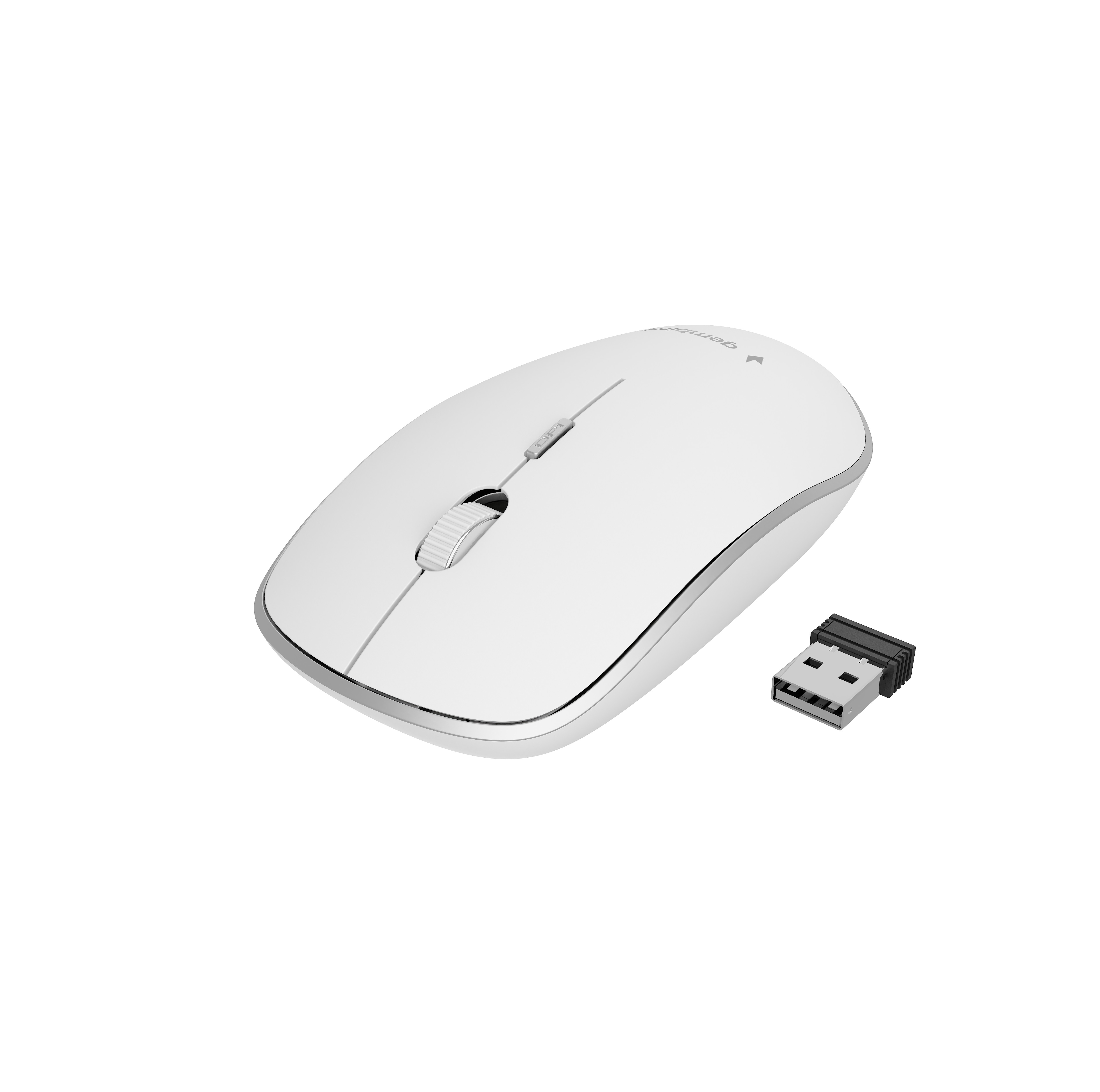 Biała mysz bezprzewodowa z kółkiem przewijania i odbiornikiem USB obok, na białym tle.