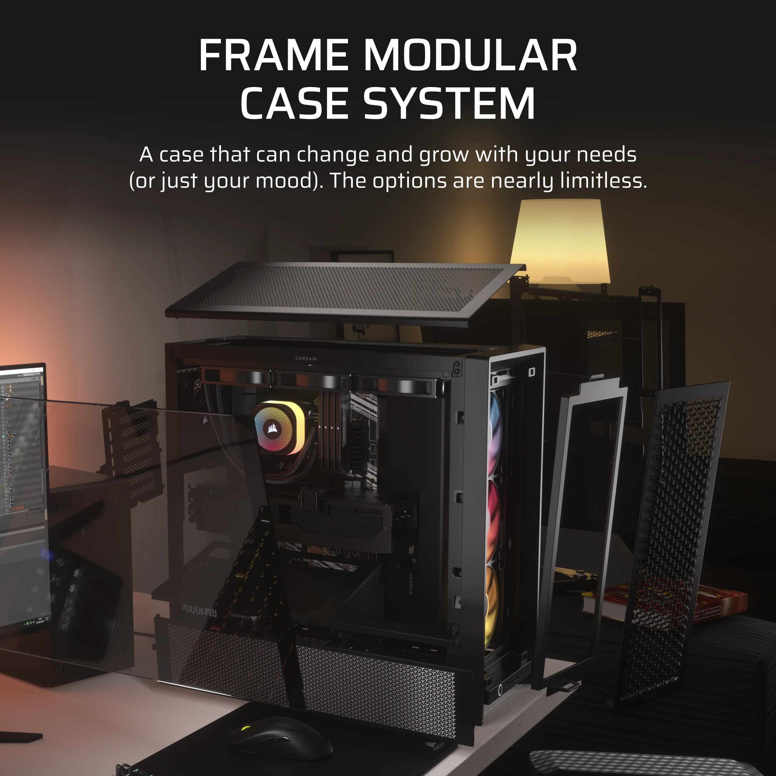 Obudowa komputera o modułowej konstrukcji. Tekst: FRAME MODULAR CASE SYSTEM. Komputer jest wbudowany w środek.