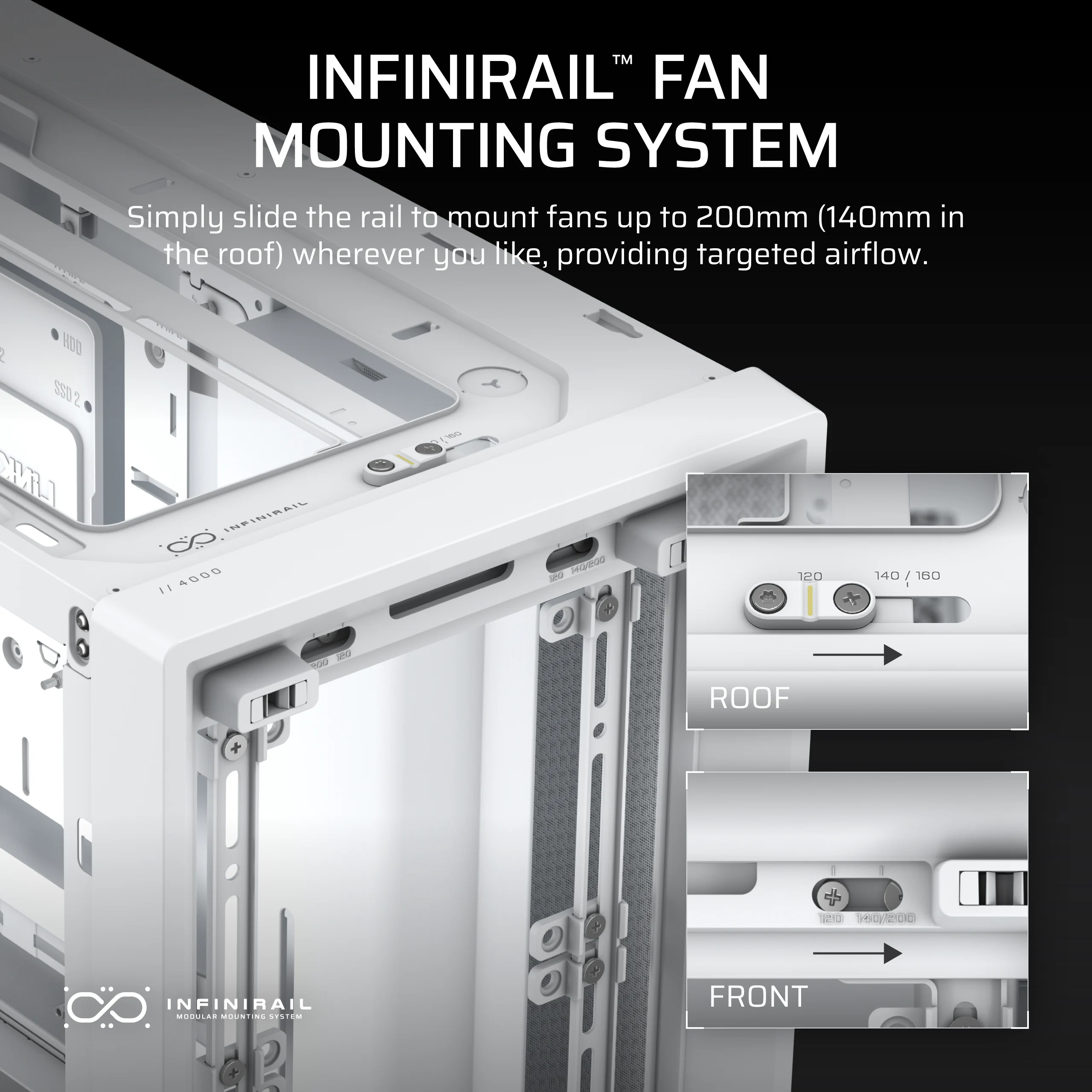 Biała obudowa komputera z tekstem o systemie montażu wentylatorów.