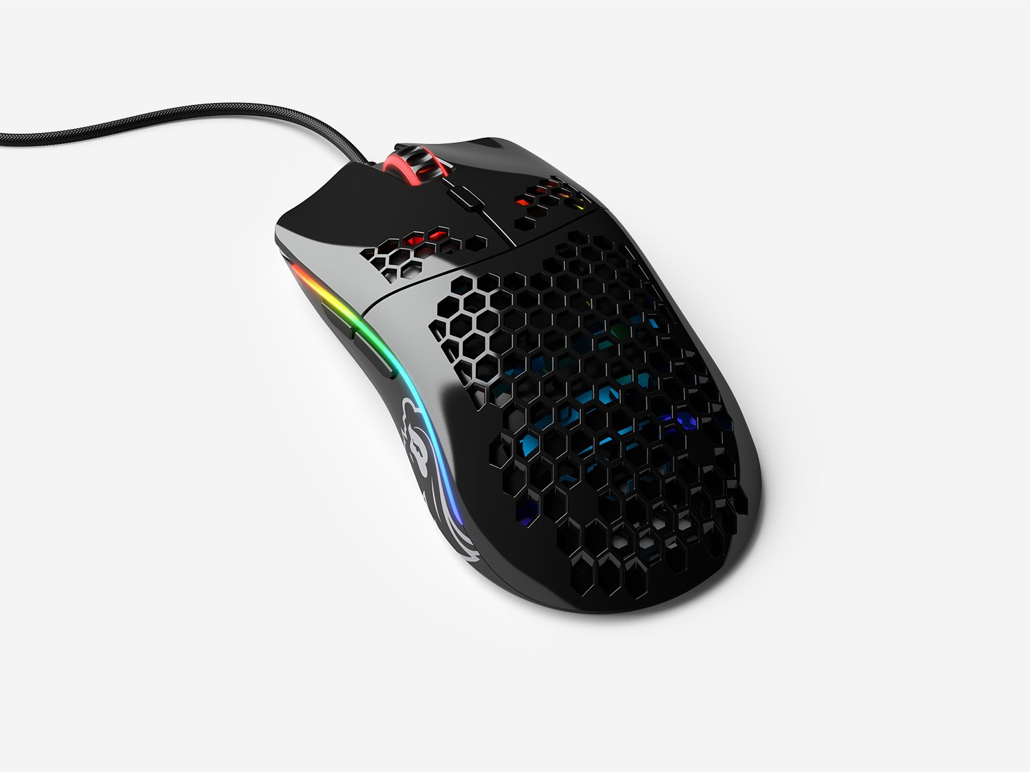 Black gaming mouse with a honeycomb design, RGB lighting, and a white background.