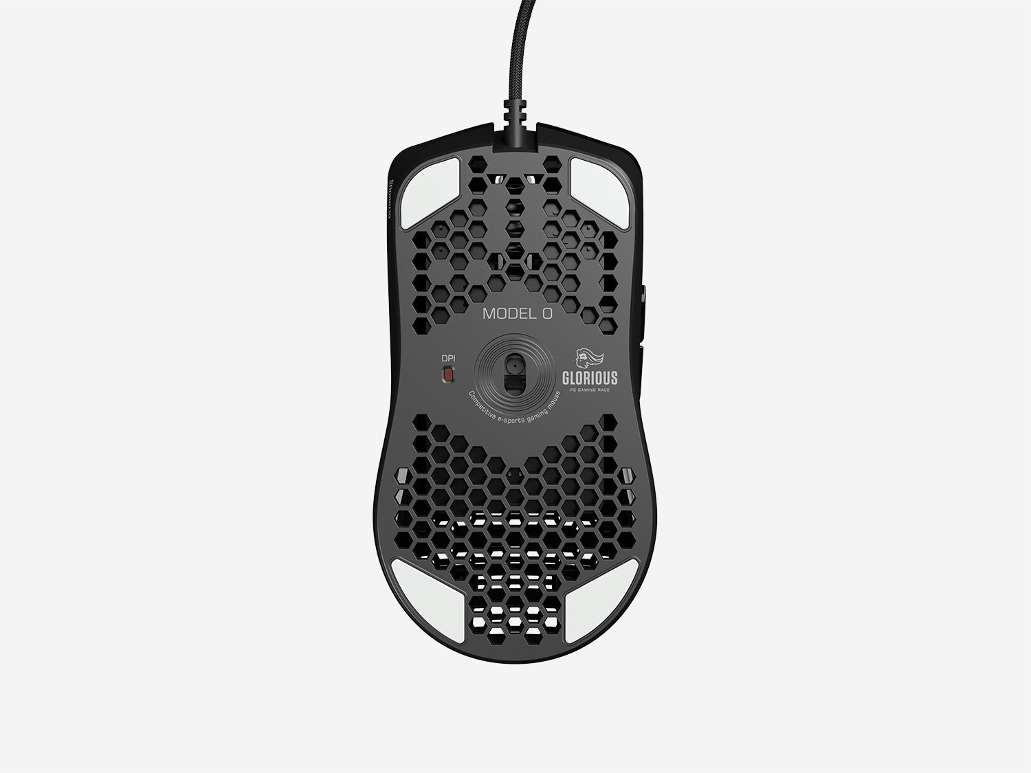 Black gaming mouse, bottom view, with white pads and honeycomb design.