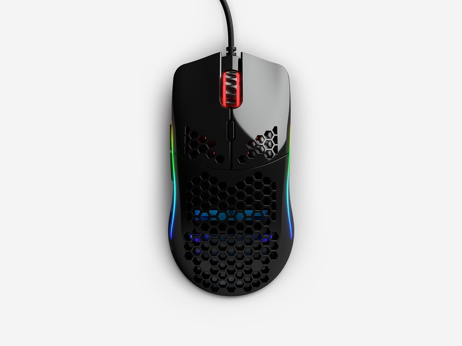 Black gaming mouse, top view, with honeycomb design and RGB lighting.