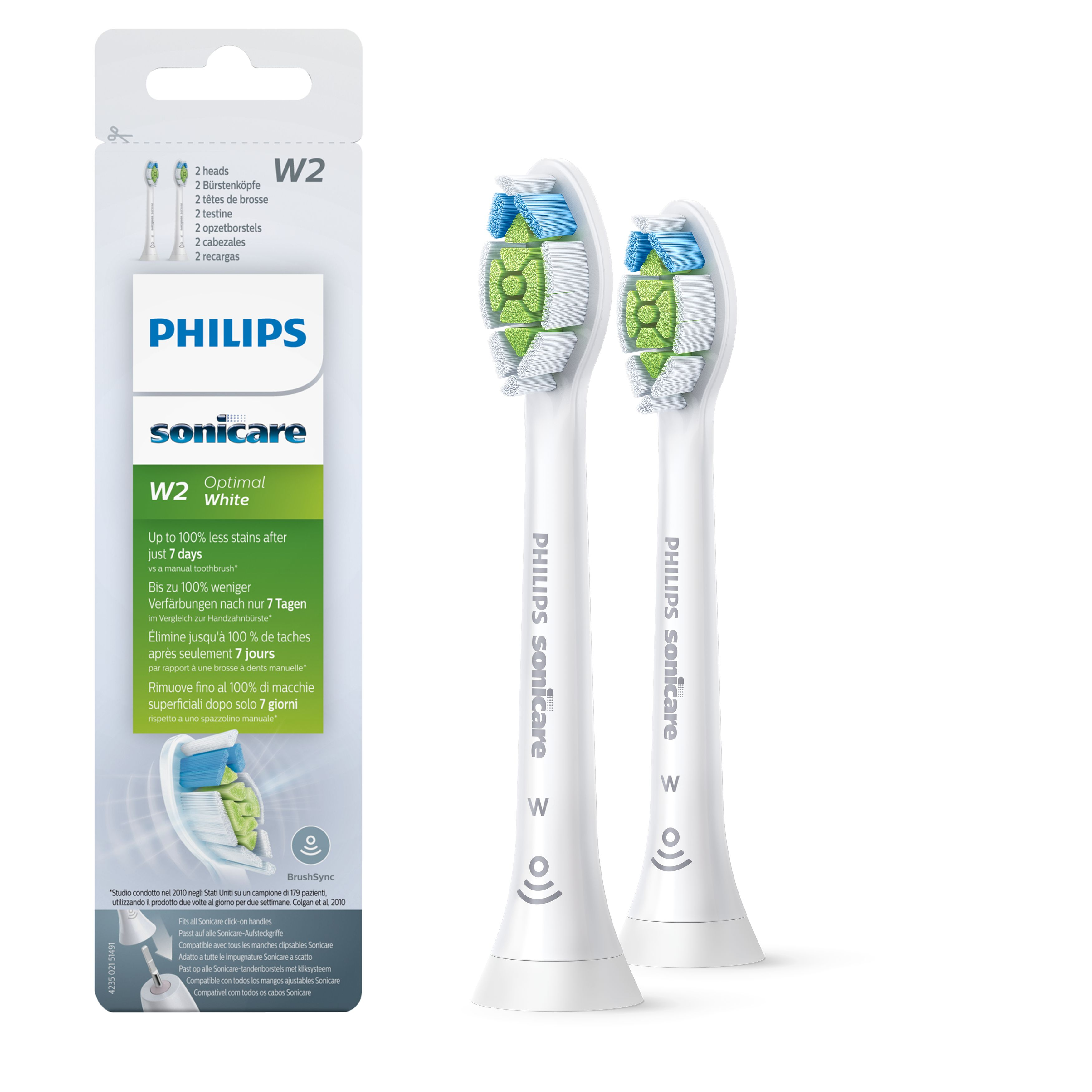 Dwie końcówki do szczoteczki Philips Sonicare z zielonym i niebieskim włosiem w opakowaniu.