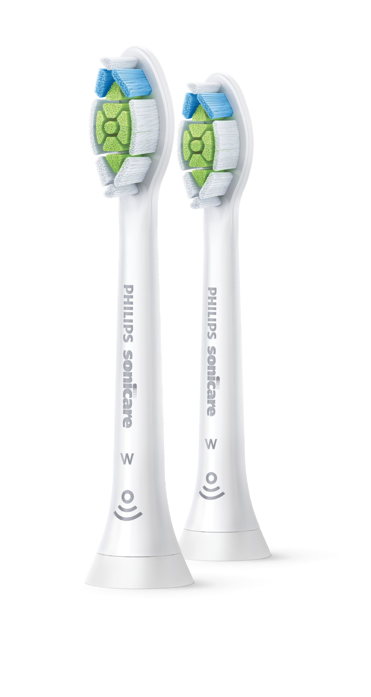 Dwie białe głowice szczoteczki Philips Sonicare, z zielonym i niebieskim włosiem.