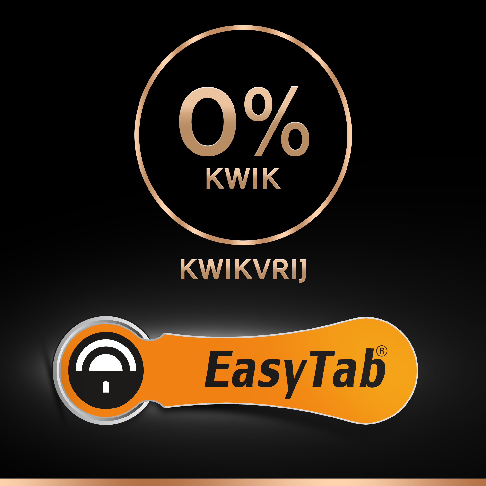 Pomarańczowa etykieta EasyTab z czarnym tłem. Zawiera napis 0% rtęci i wolny od rtęci w języku niderlandzkim.